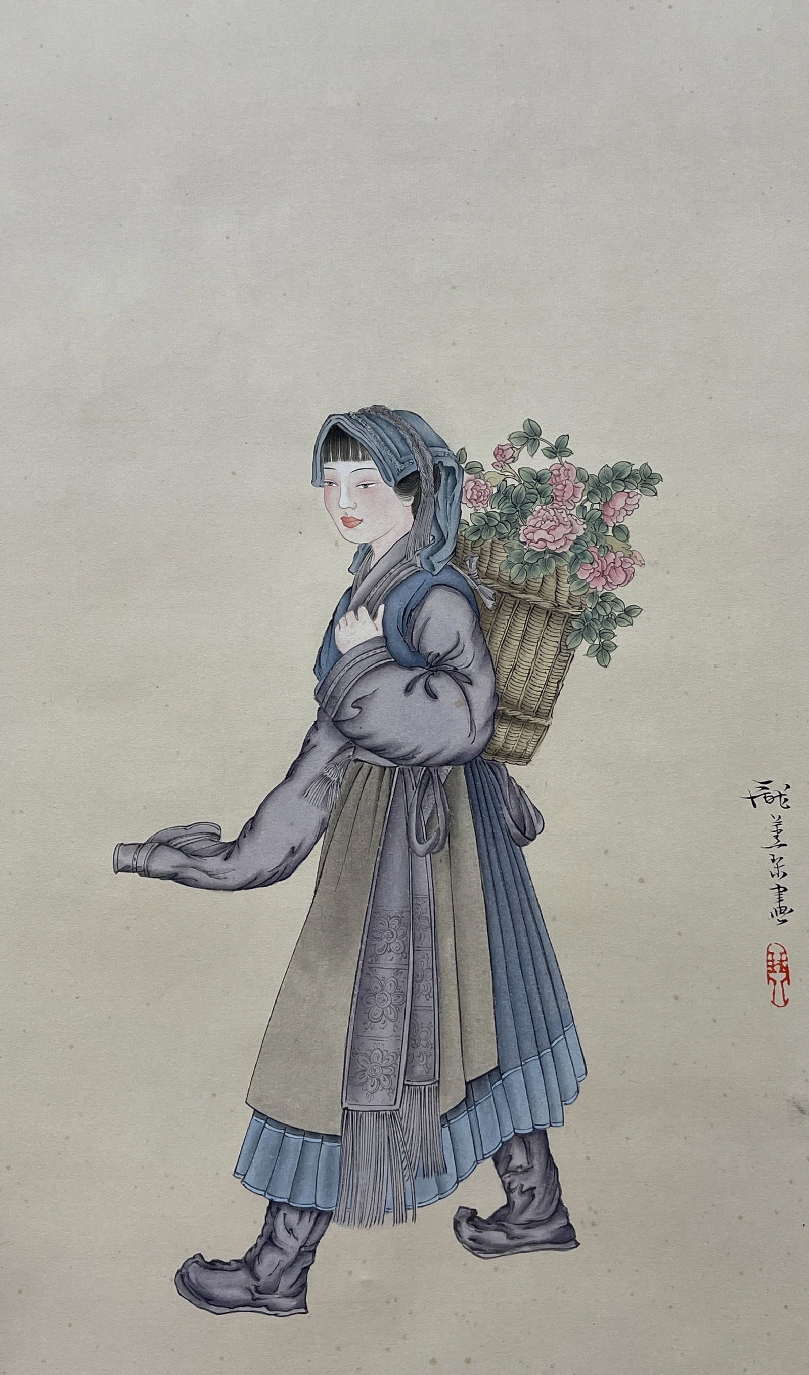 A FLOWER-BEARING-LADY PAINTING HANGING SCROLL ON PAPER BY PANG XUNQIN.龐薰琹: Flower-bearing-lady painting hanging scroll on paper by Pang Xunqin.龐薰琹