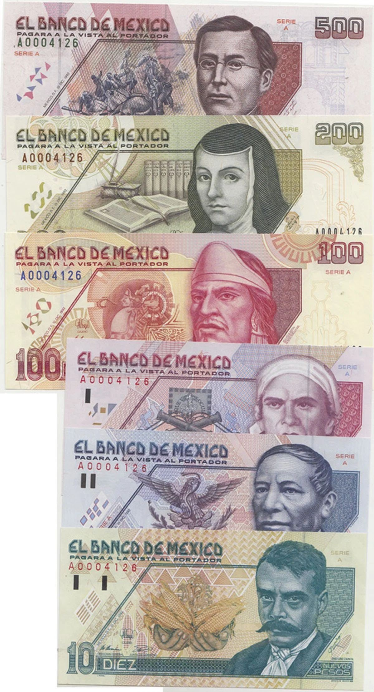 MEXICO 1992 (1994) 'SPECIMEN' SET, 10, 20, 50, 100, 200, & 500 NUEVOS PESOS, UNCIRCULATED OPQ: Mexico 1992 (1994) 'Specimen' Set, 10, 20, 50, 100, 200, & 500 Nuevos Pesos, Uncirculated OPQ