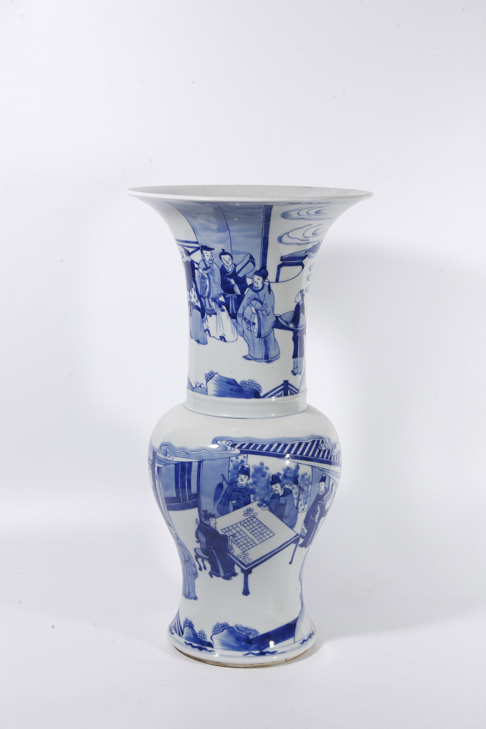 A BLUE AND WHITE PHOENIX-TAIL ZUN WITH FIGURE STORY MOTIF: Blue and white phoenix-tail zun with figure story motif