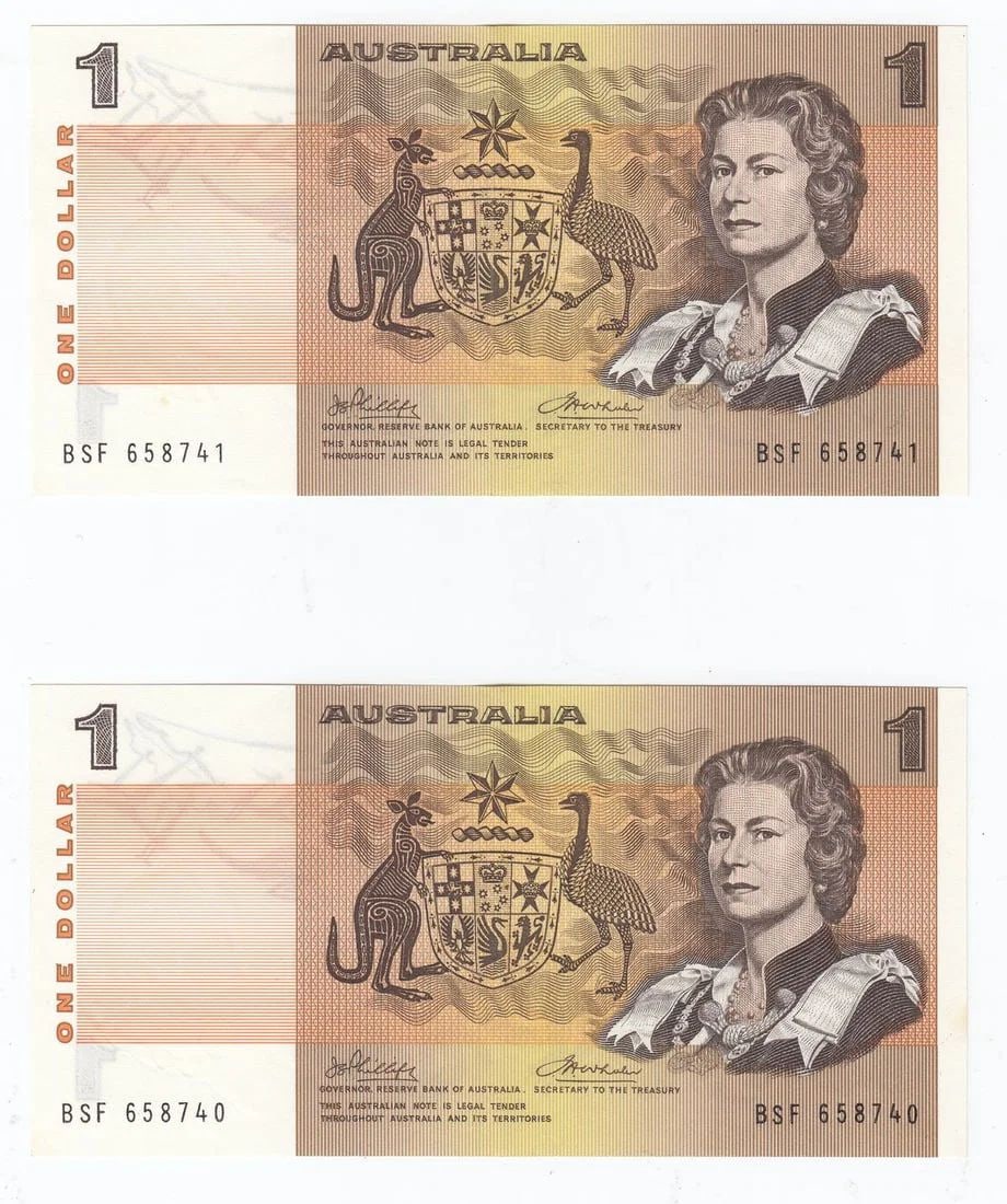 AUSTRALIA 'PHILLIPS - WHEELER' AUSTRALIA $1 (1974), ABOUT UNCIRCULATED OPQ (CONSECUTIVE PAIR): Australia 'Phillips - Wheeler' Australia $1 (1974), about Uncirculated OPQ (Consecutive Pair)