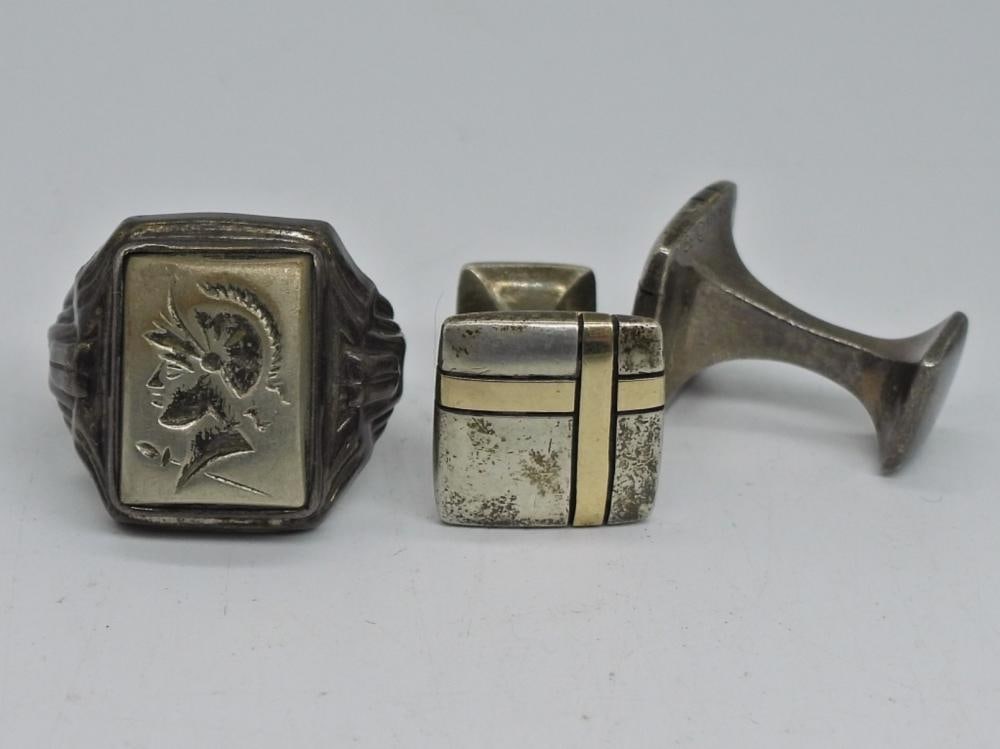 VTG STERLING CUFF LINKS & RING: VTG STERLING CUFF LINKS & RING