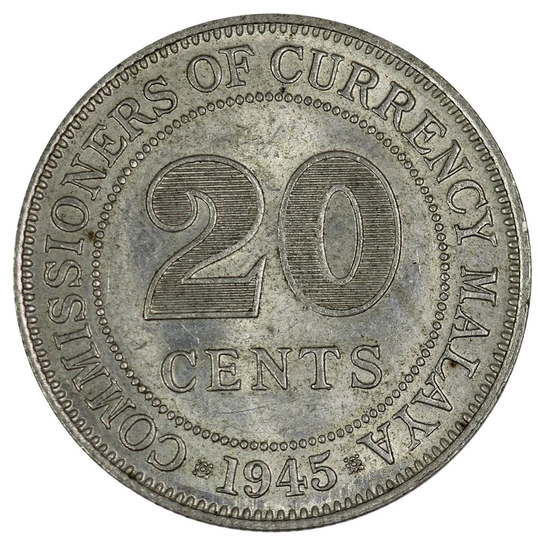 MALAYA 1945 SILVER (500) 20 CENTS, ABOUT UNCIRCULATED: Malaya 1945 Silver (500) 20 Cents, about Uncirculated