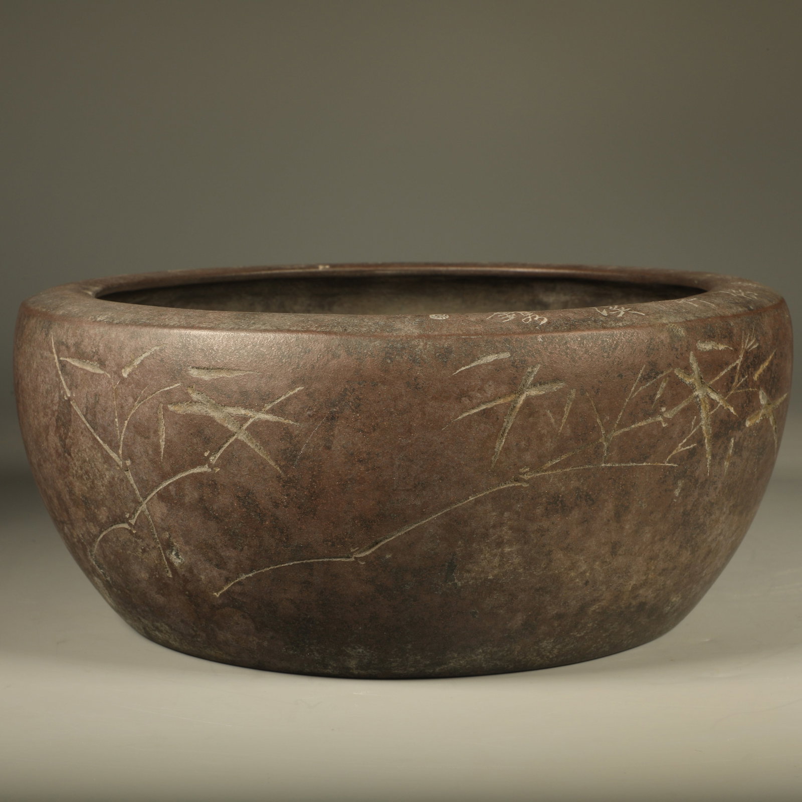 A YIXING ZISHA WASHER CARVED WITH BAMBOO PATTERNS AND INSCRIBED VERSES: Yixing Zisha Washer Carved with Bamboo Patterns and Inscribed Verses