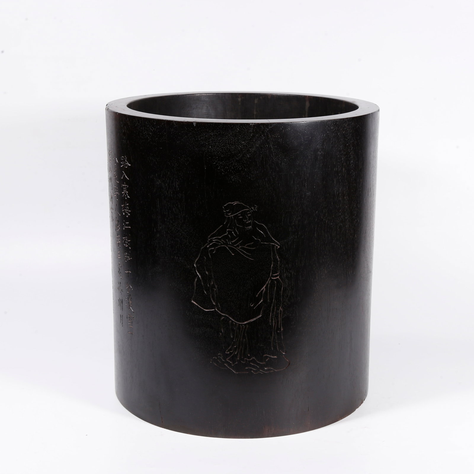 A BRUSH POT CARVED WITH SCHOLAR SCENE IN ZITAN WOOD: Brush pot carved with scholar scene in zitan wood