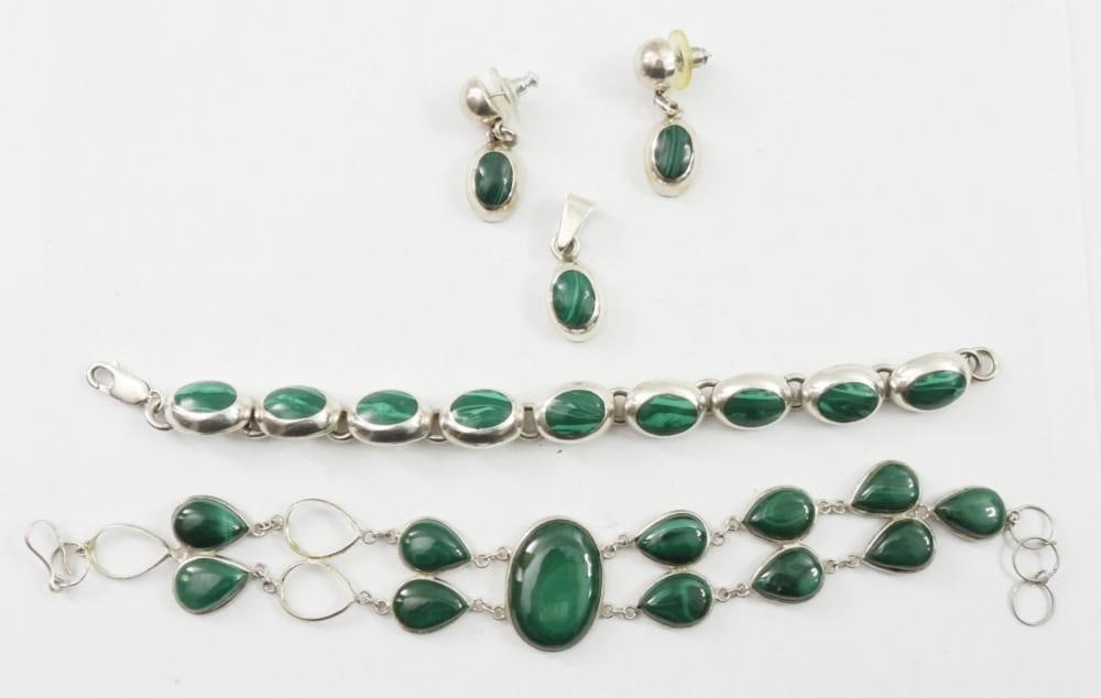 GREEN MALACHITE STERLING JEWELRY LOT: GREEN MALACHITE STERLING JEWELRY LOT