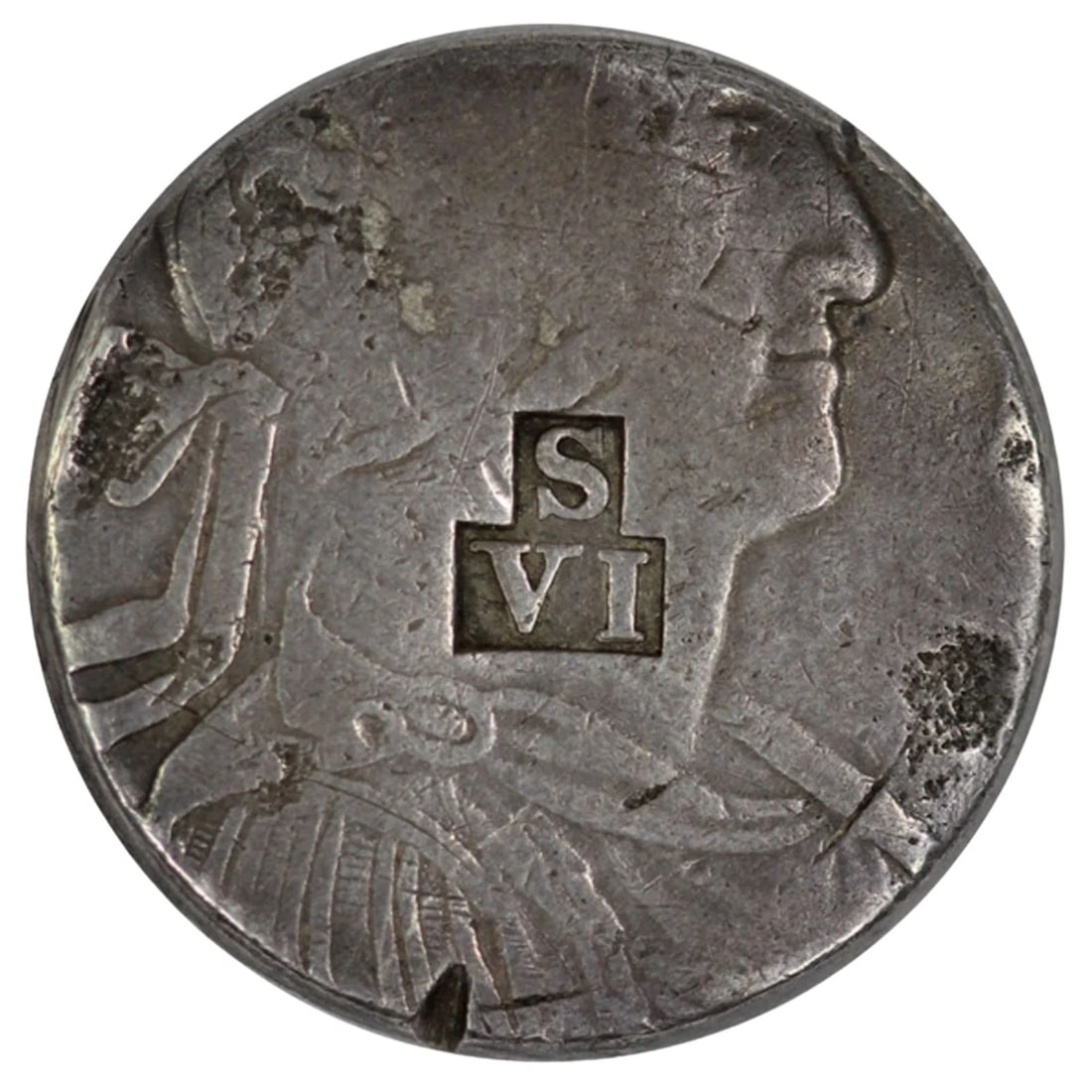 ST VINCENT 1811 - 14 VI (SIX ) BITS HOST COIN IS GOOD FINE & COUNTER-STAMP IS GOOD VERY FINE: St Vincent 1811 - 14 VI (Six ) Bits Host coin is good Fine & Counter-stamp is good Very Fine