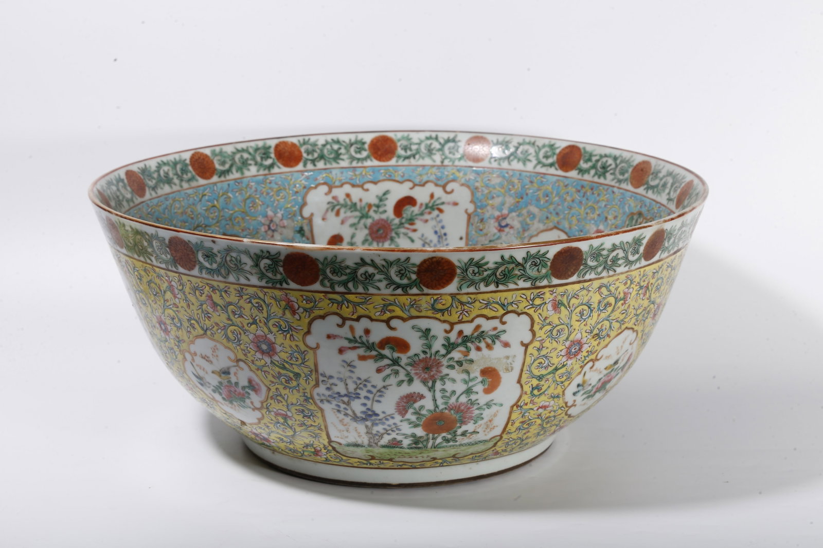 A FAMILLE ROSE LARGE BOWL WITH FIVE-RELATIONSHIPS MOTIF ON YELLOW GROUND WITH RESERVED PANELS (1 of 11)