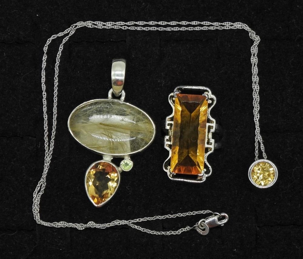 TOPAZ/CITRINE & RUTILATED QUARTZ SET IN STERLING: TOPAZ/CITRINE & RUTILATED QUARTZ SET IN STERLING