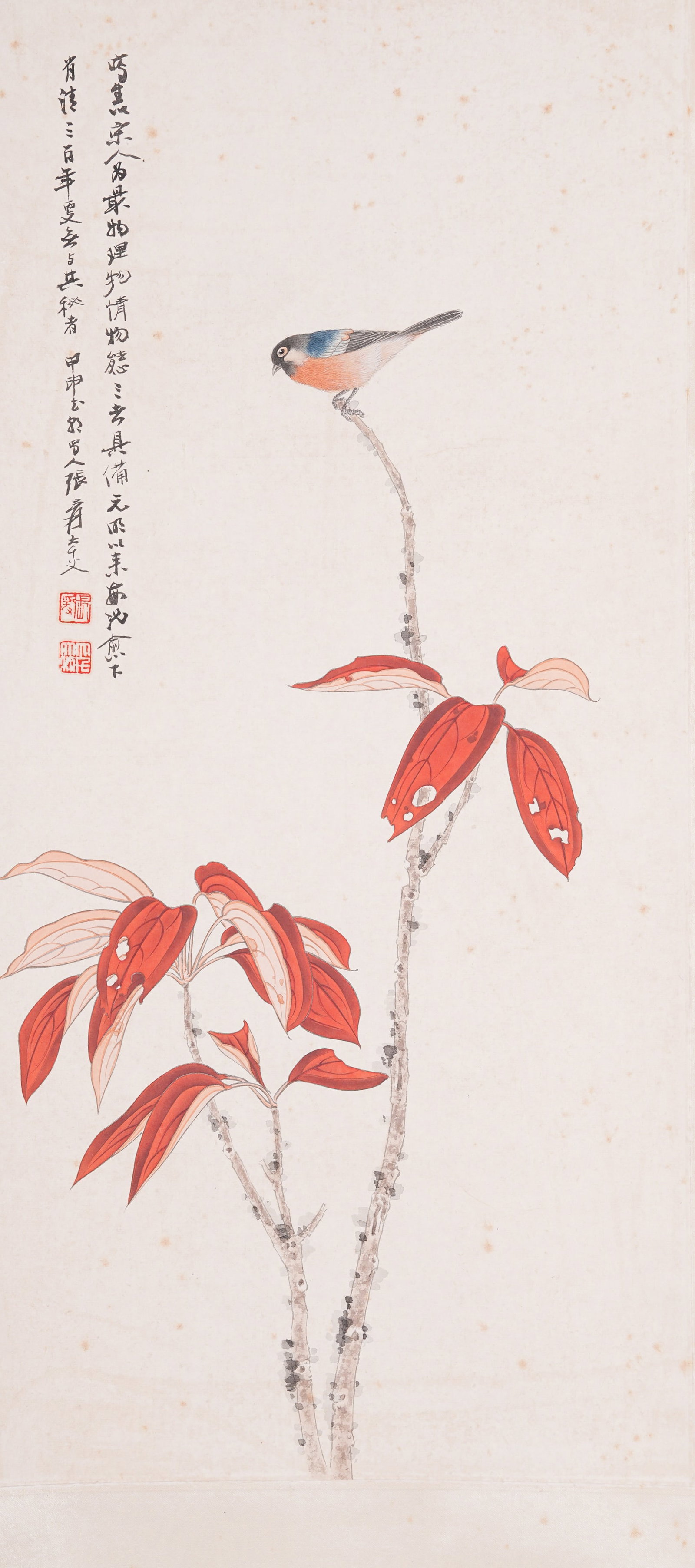 A FLOWER-AND-BIRD PAINTING ON PAPER BY ZHANG DAQIAN.張大千: Flower-and-Bird Painting on Paper by Zhang Daqian.張大千