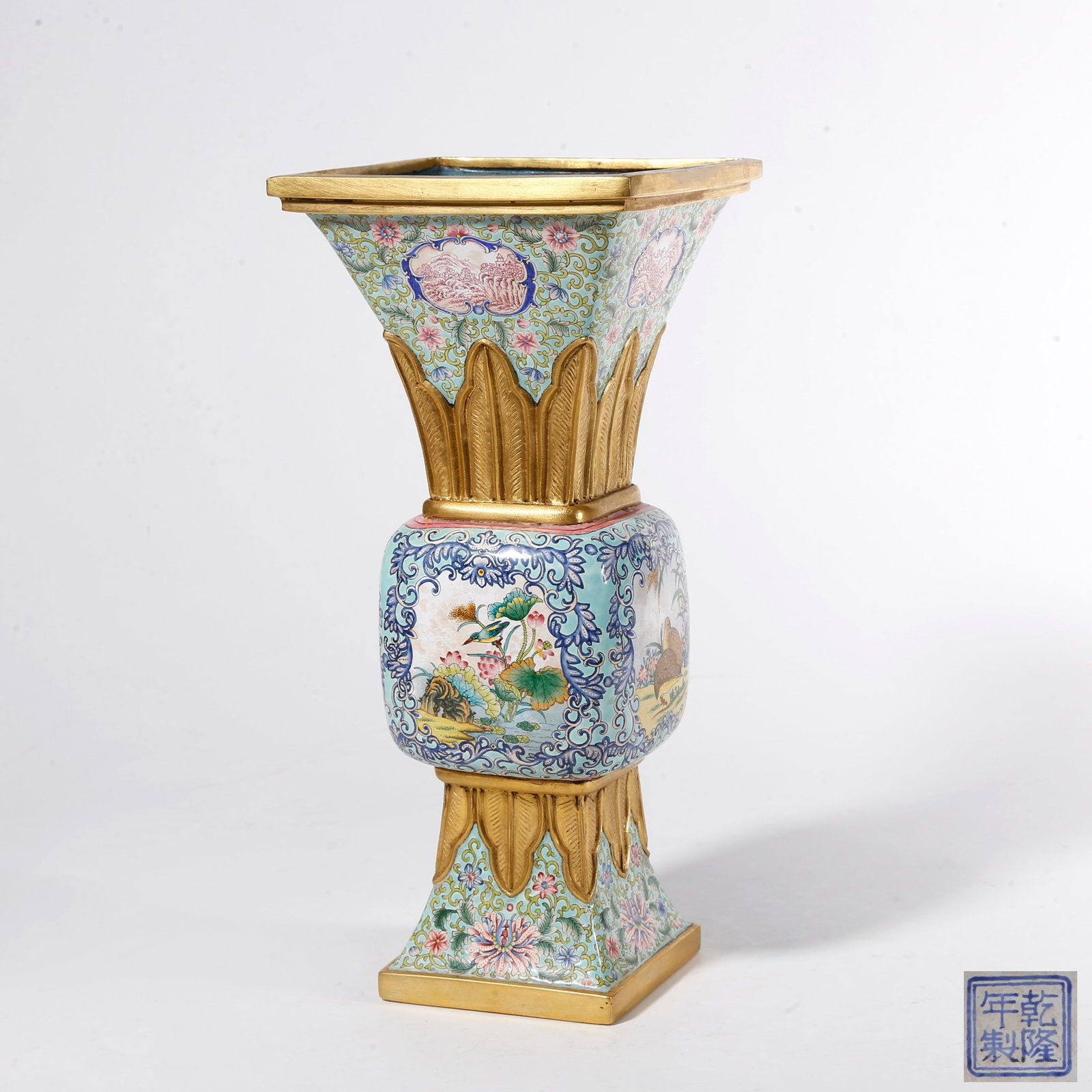 A PAINTED ENAMEL ON BRONZE BODY BEAKER VASE WITH BEAST MOTIFS (1 of 9)