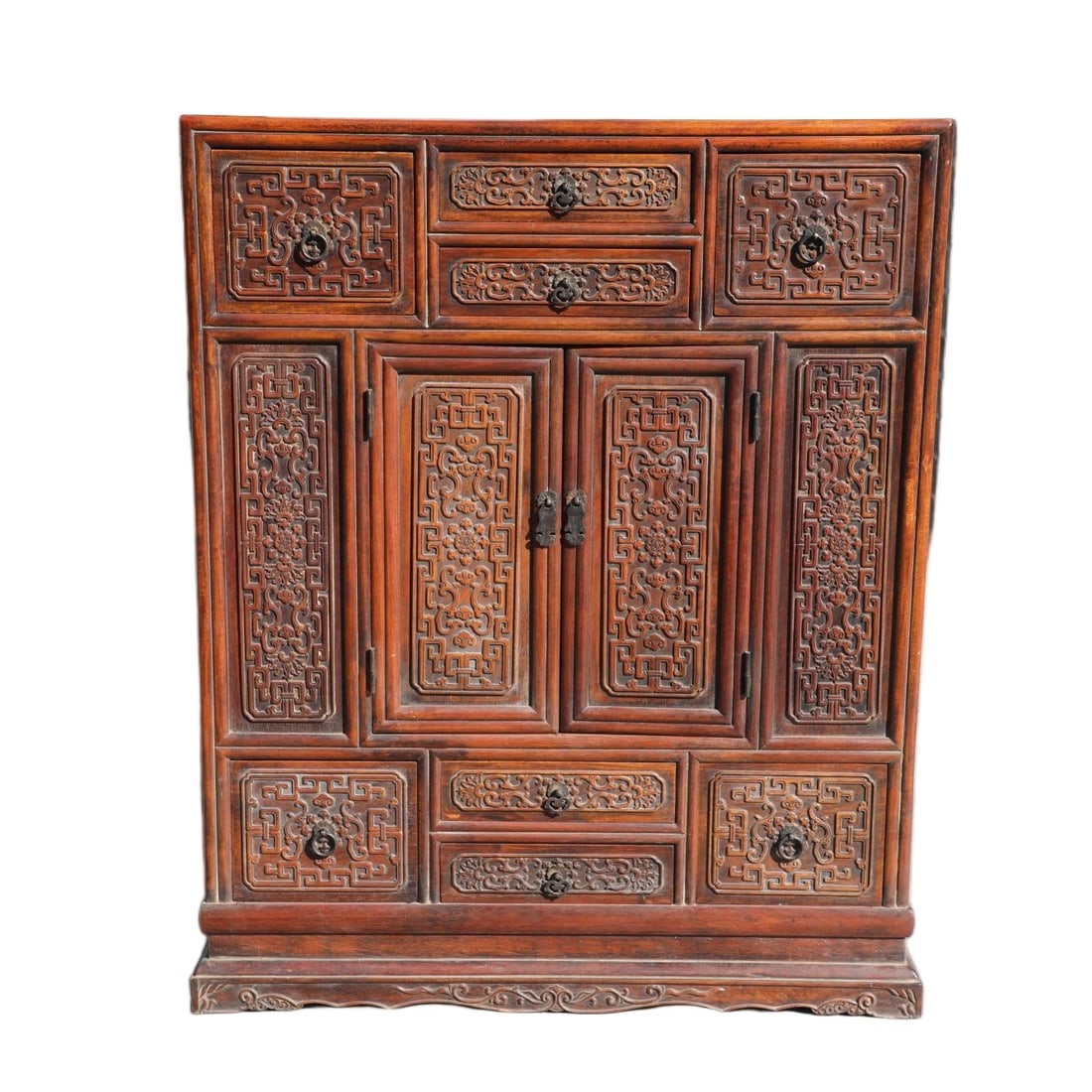 A HUANGHUALI BUDDHIST CABINET CARVED WITH GANODERMA RUYI PATTERNS: Huanghuali Buddhist Cabinet Carved with Ganoderma Ruyi Patterns