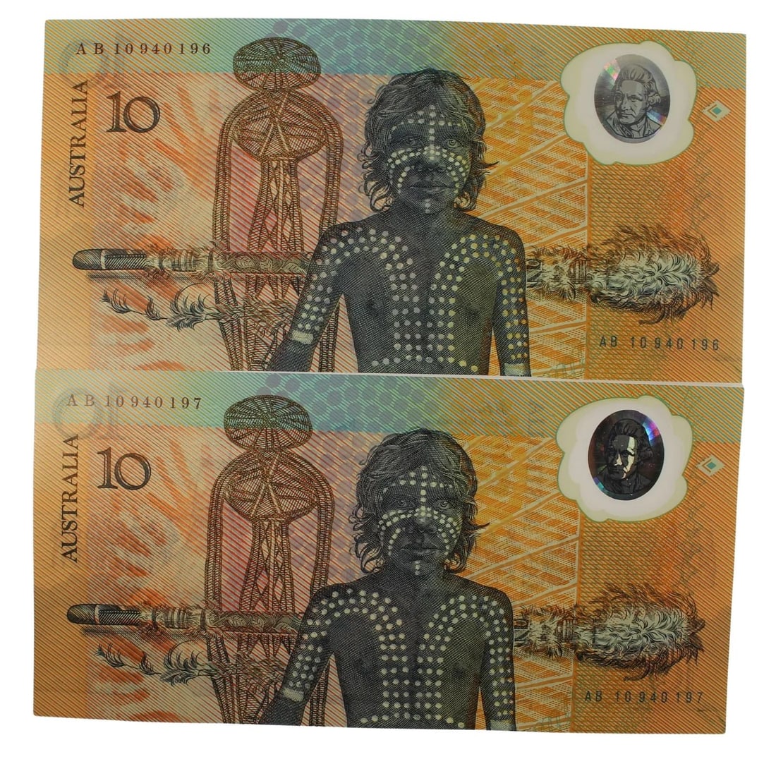 AUSTRALIA 'JOHNSTON - FRASER' AB10 - FIRST PREFIX (1ST ISSUE) BICENT $10'S, (1988), UNCIRC (PAIR) (1 of 2)