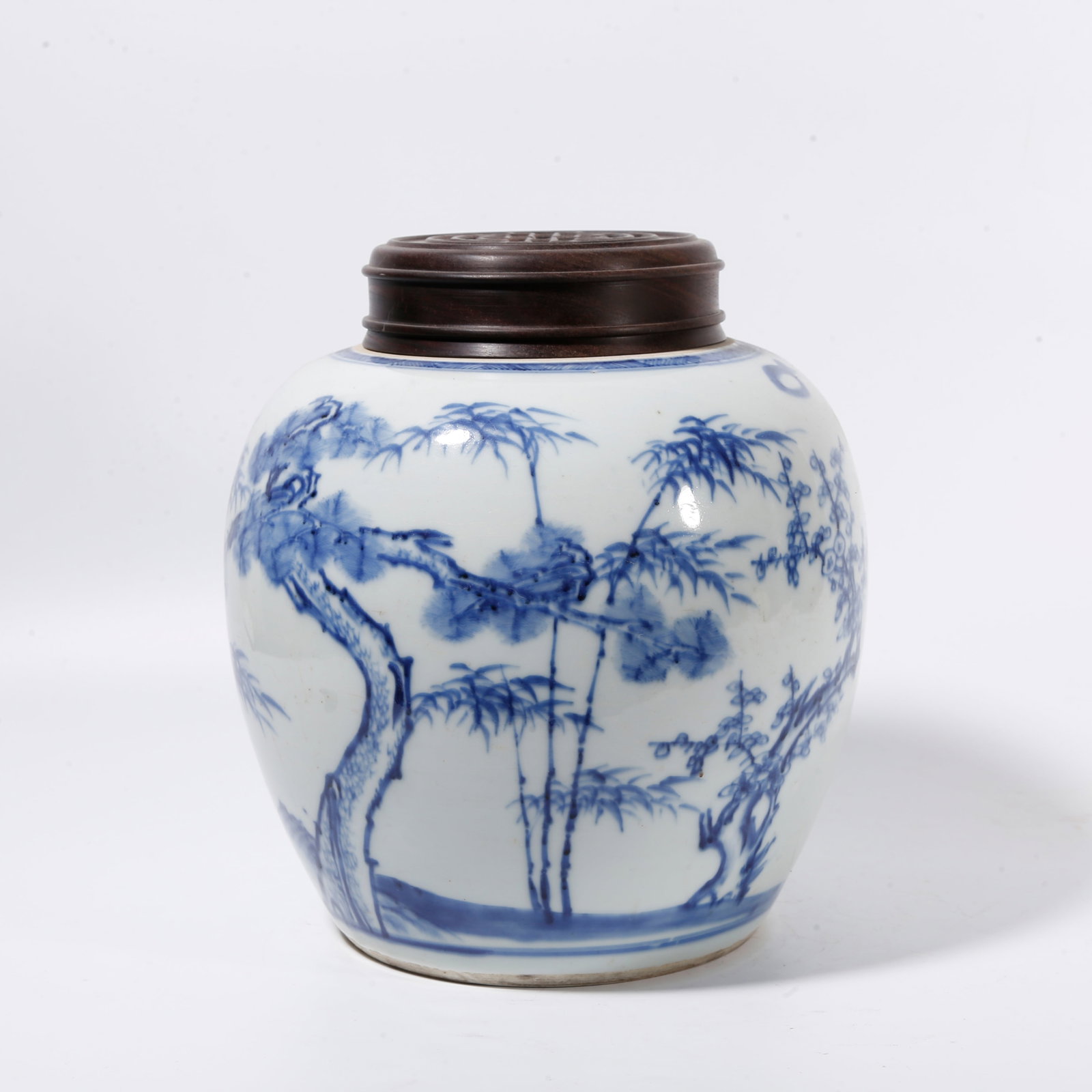 A COVERED JAR WITH BLUE-AND-WHITE THREE-FRIENDS-OF-WINTER MOTIF (1 of 9)