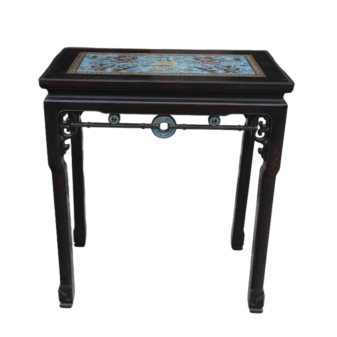 A SANDALWOOD OFFERING TABLE INLAID WITH CLOISONN- FIVE-DRAGON PATTERNS: Sandalwood Offering Table Inlaid with Cloisonn-- Five-dragon Patterns