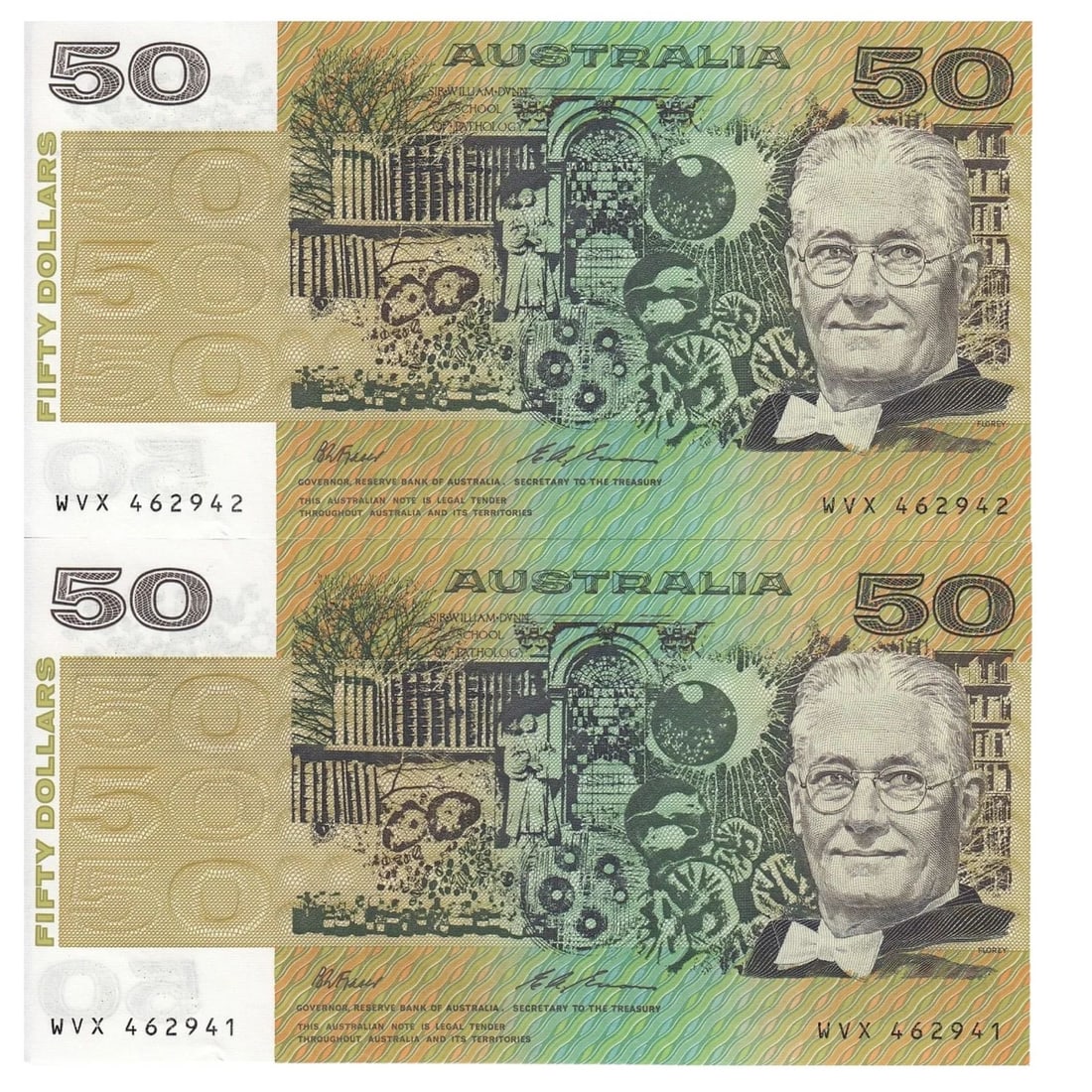 AUSTRALIA 'FRASER - EVANS' $50'S (1993), UNCIRCULATED OPQ (CONSECUTIVE PAIR) (1 of 2)