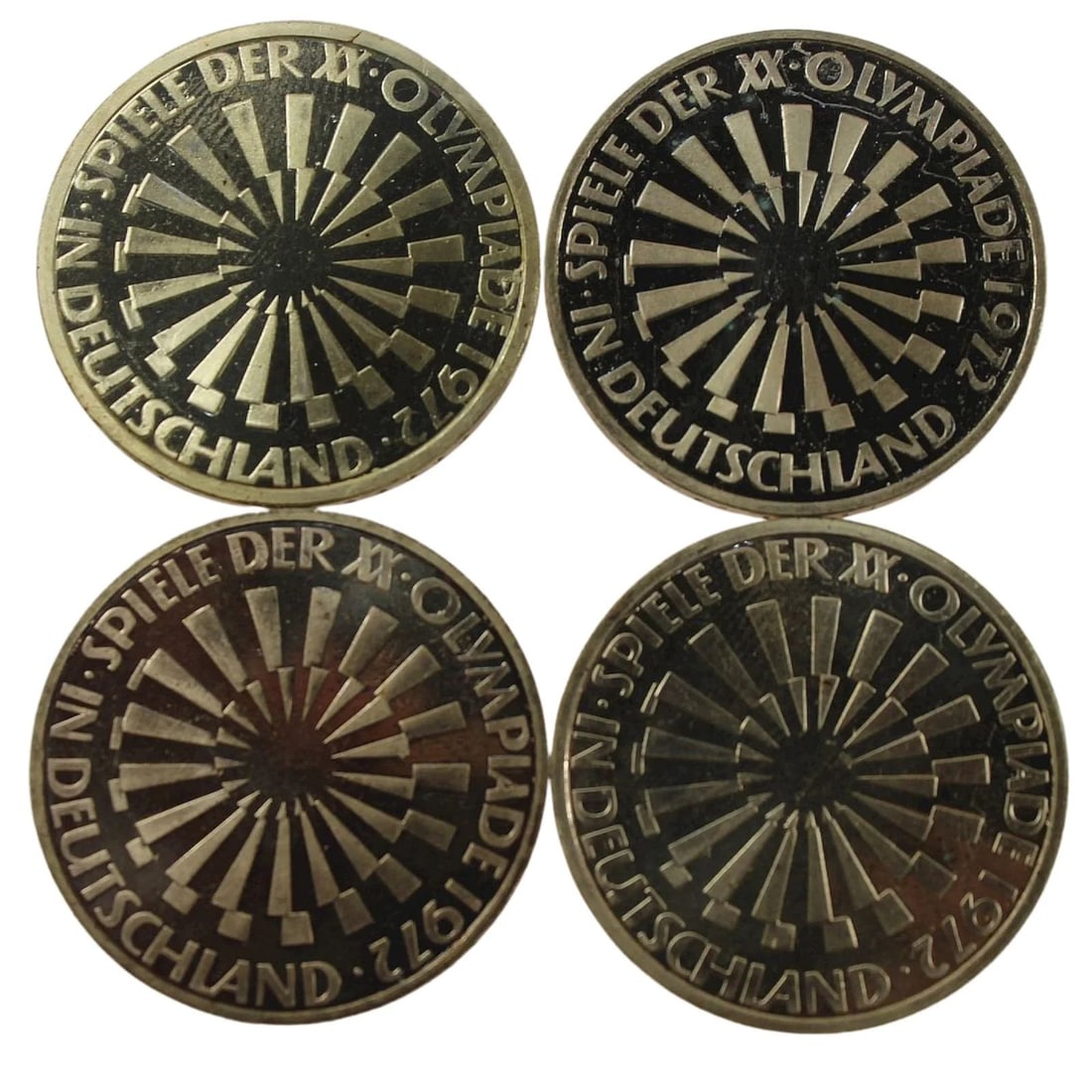 GERMANY 1972 D, F, G & J PROOF OLYMPIC SILVER (625) 10 MARK, ABOUT FDC (4 COINS): Germany 1972 D, F, G & J Proof Olympic Silver (625) 10 Mark, about FDC (4 coins)