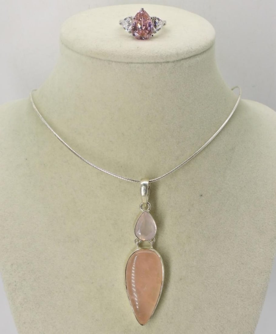 ROSE QUARTZ STERLING NECKLACE & RING (1 of 3)