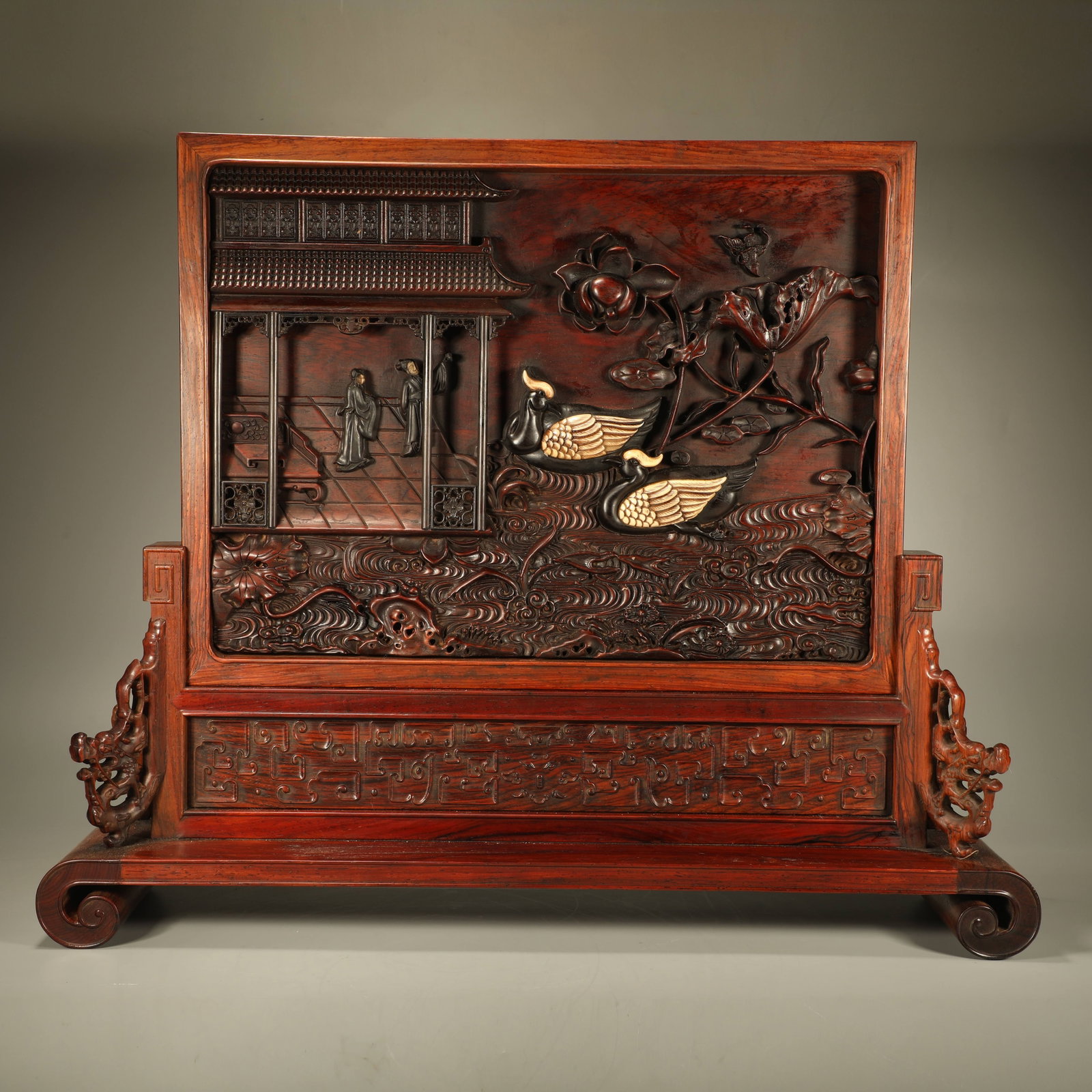 A HUANGHUALI TABLE SCREEN INLAID WITH SANDALWOOD CARVED WITH FIGURE, FLOWER-AND-BIRD MOTIFS (1 of 6)