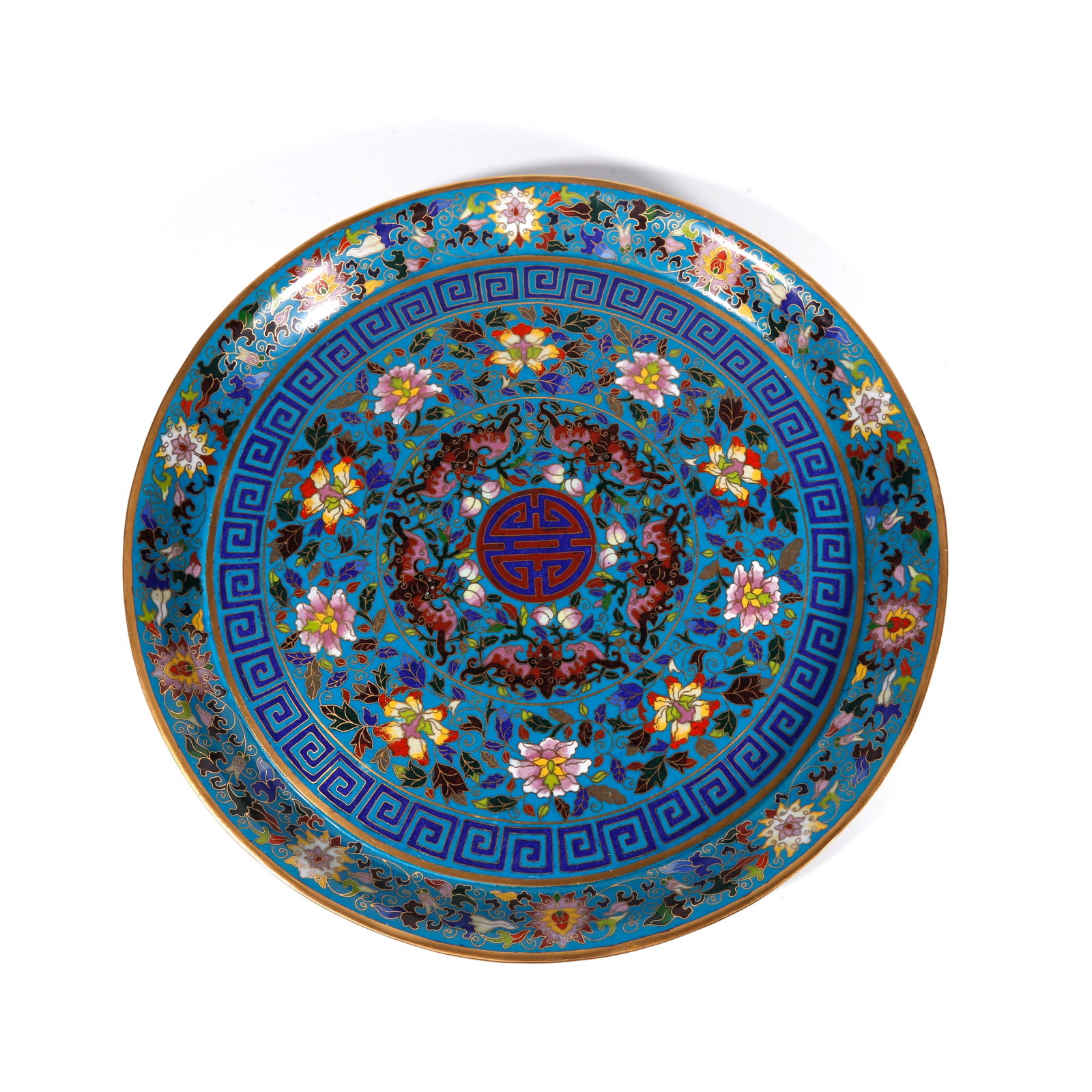 A CLOISONNE PLATE WITH FIVE-BLESSINGS-EMBRACING-LONGEVITY MOTIFS ON BRONZE BODY: Cloisonne Plate with Five-Blessings-Embracing-Longevity Motifs on Bronze Body