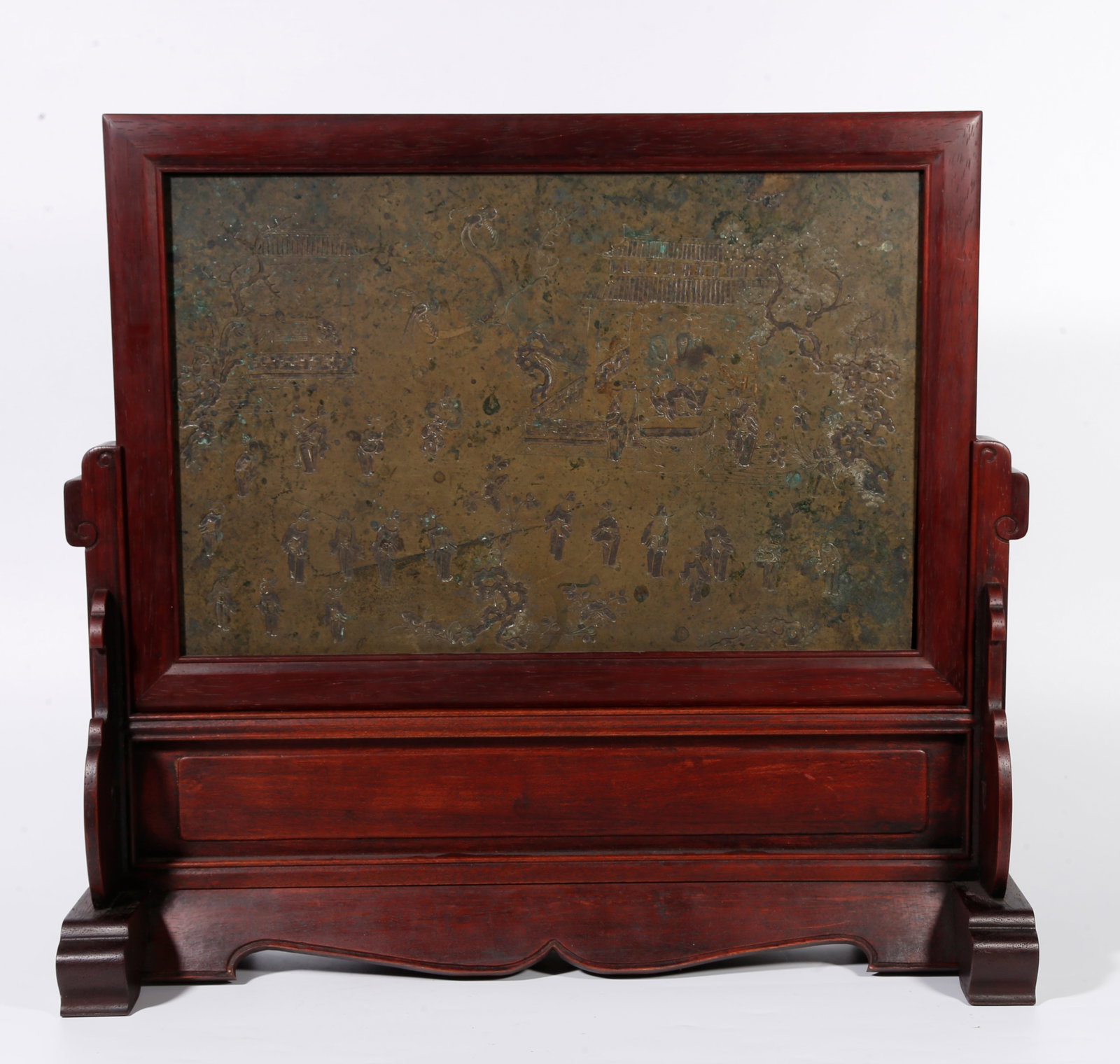 A ENGRAVED BRONZE TABLE SCREEN DEPICTING EIGHTEEN SCHOLARS (1 of 8)