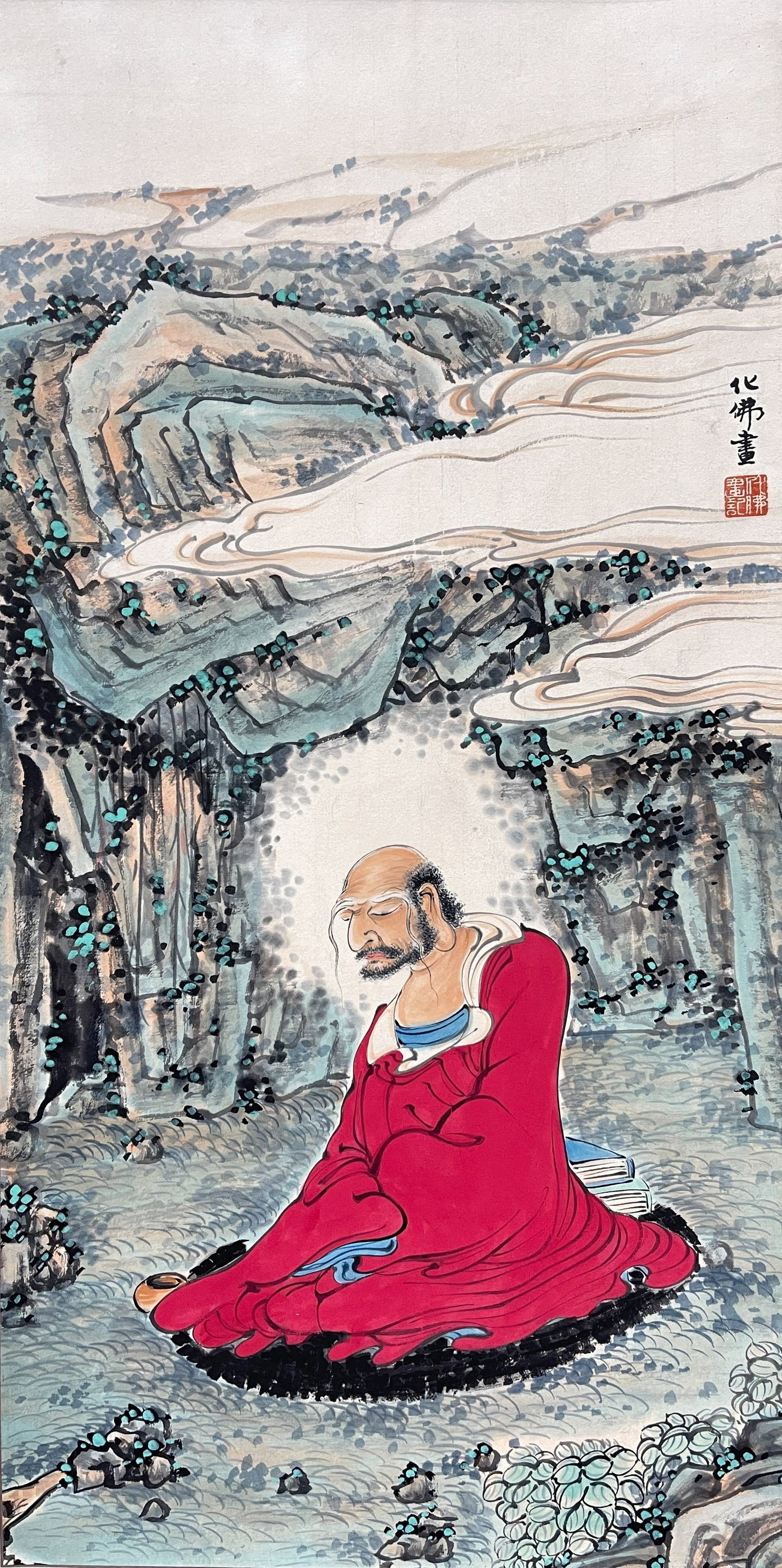 A ARHAT PAINTING HANGING SCROLL ON PAPER BY QIAN HUAFO.錢化佛: Arhat painting hanging scroll on paper by Qian Huafo.錢化佛