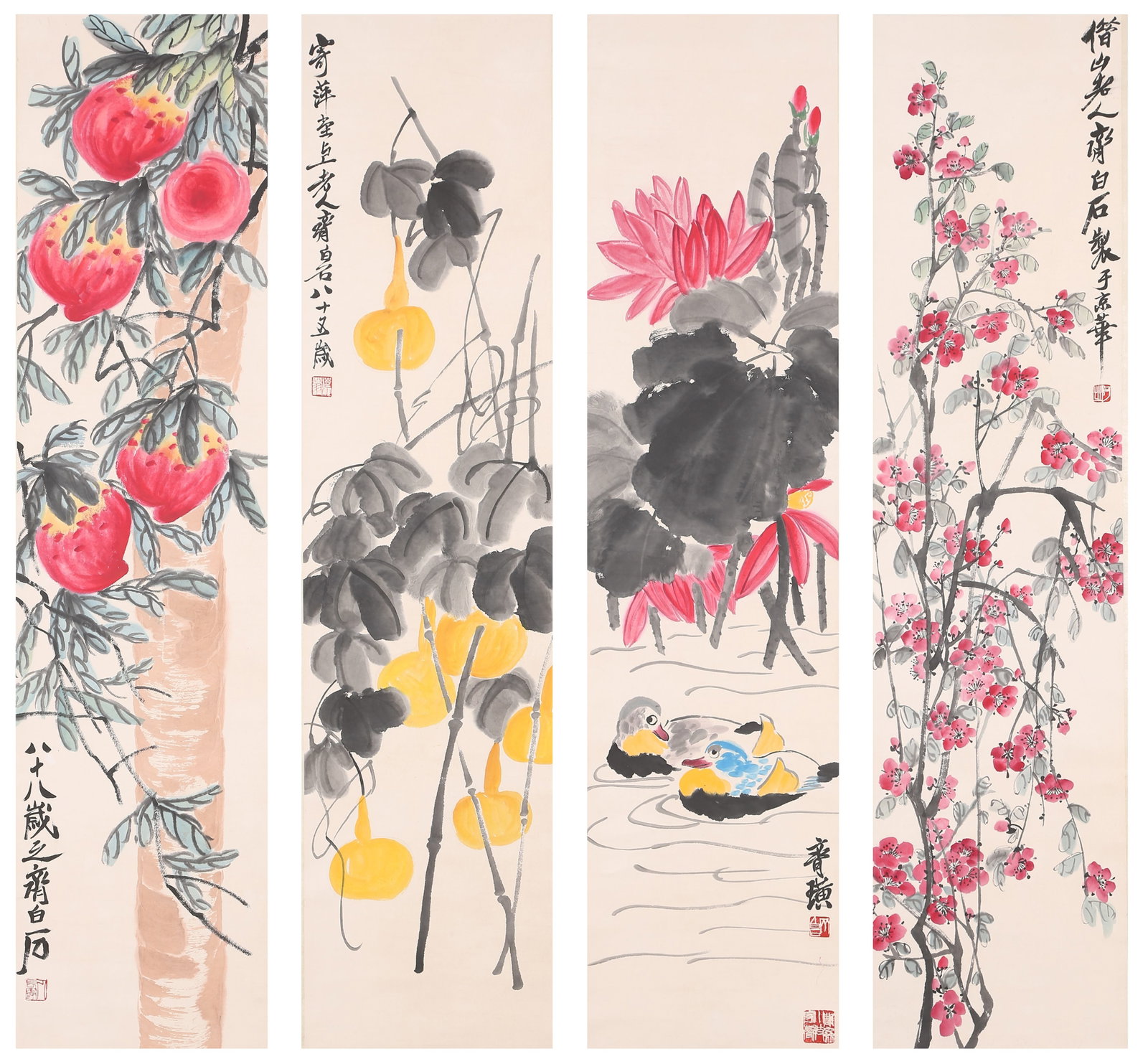 A BIRTHDAY BLESSING PAINTINGS ON PAPER BY QI BAISHI (4 PIECES).齊白石 (1 of 16)