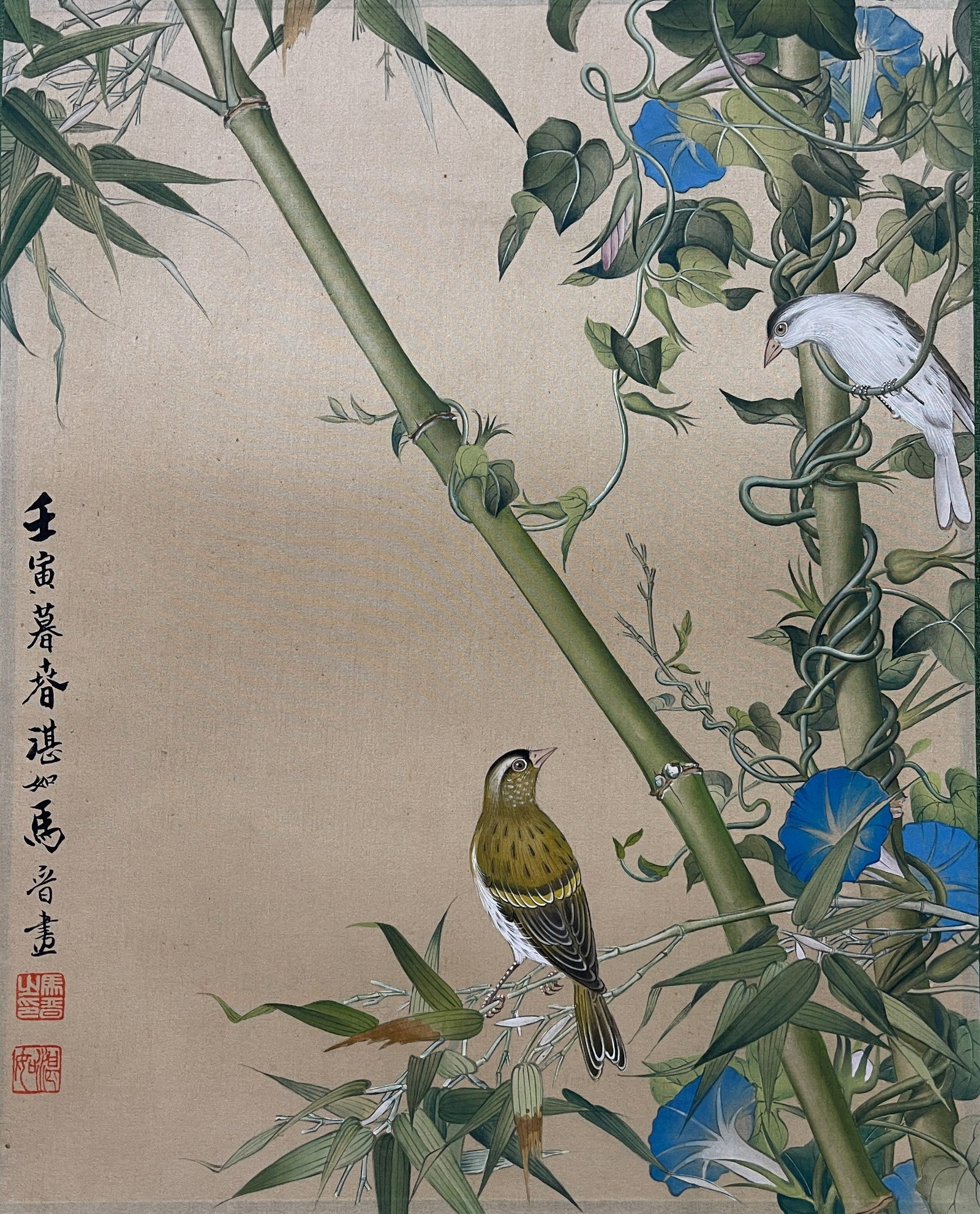 A BAMBOO-AND-SPARROW PAINTING HANGING SCROLL ON SILK BY MA JIN.馬晉: Bamboo-and-sparrow painting hanging scroll on silk by Ma Jin.馬晉