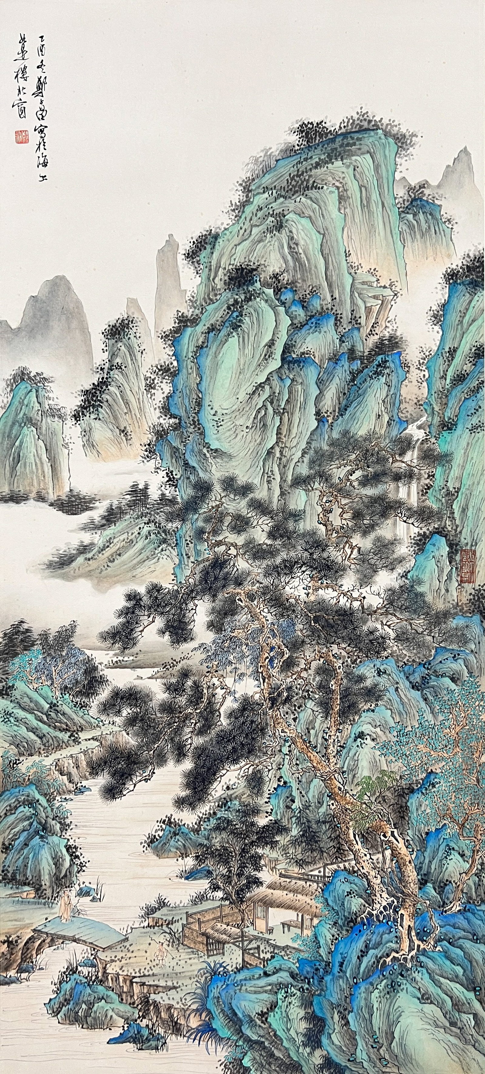 A BLUE-GREEN LANDSCAPE PAINTING HANGING SCROLL ON PAPER BY ZHENG WUCHANG.鄭午昌: Blue-green landscape painting hanging scroll on paper by Zheng Wuchang.鄭午昌