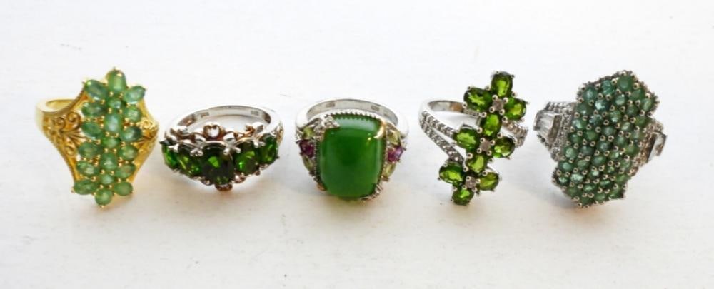 (5) STERLING & GREEN GEMSTONE RINGS: (5) STERLING & GREEN GEMSTONE RINGS