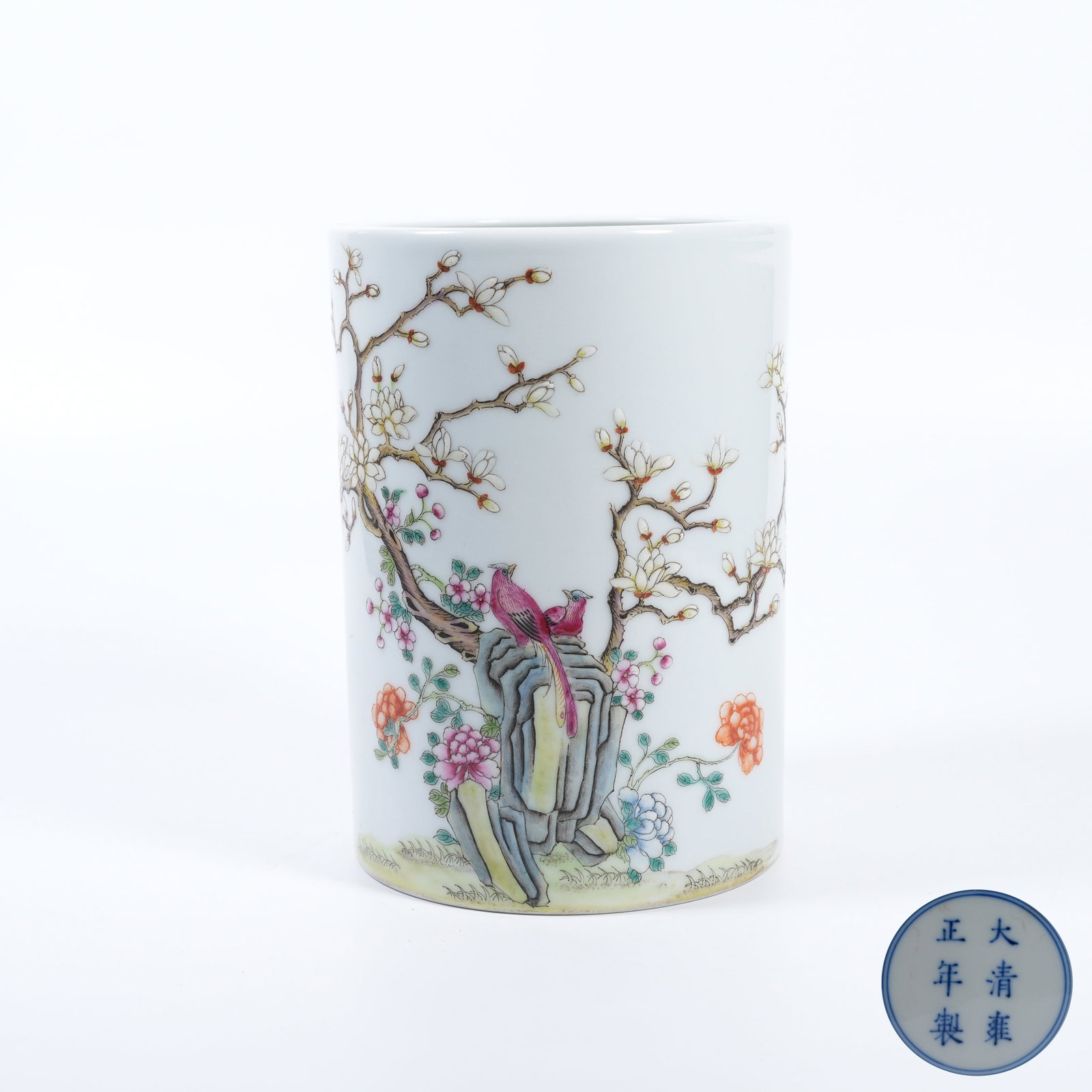 A FAMILLE ROSE BRUSH POT WITH FLOWER-AND-BIRD MOTIFS: Famille Rose Brush Pot with Flower-and-Bird Motifs