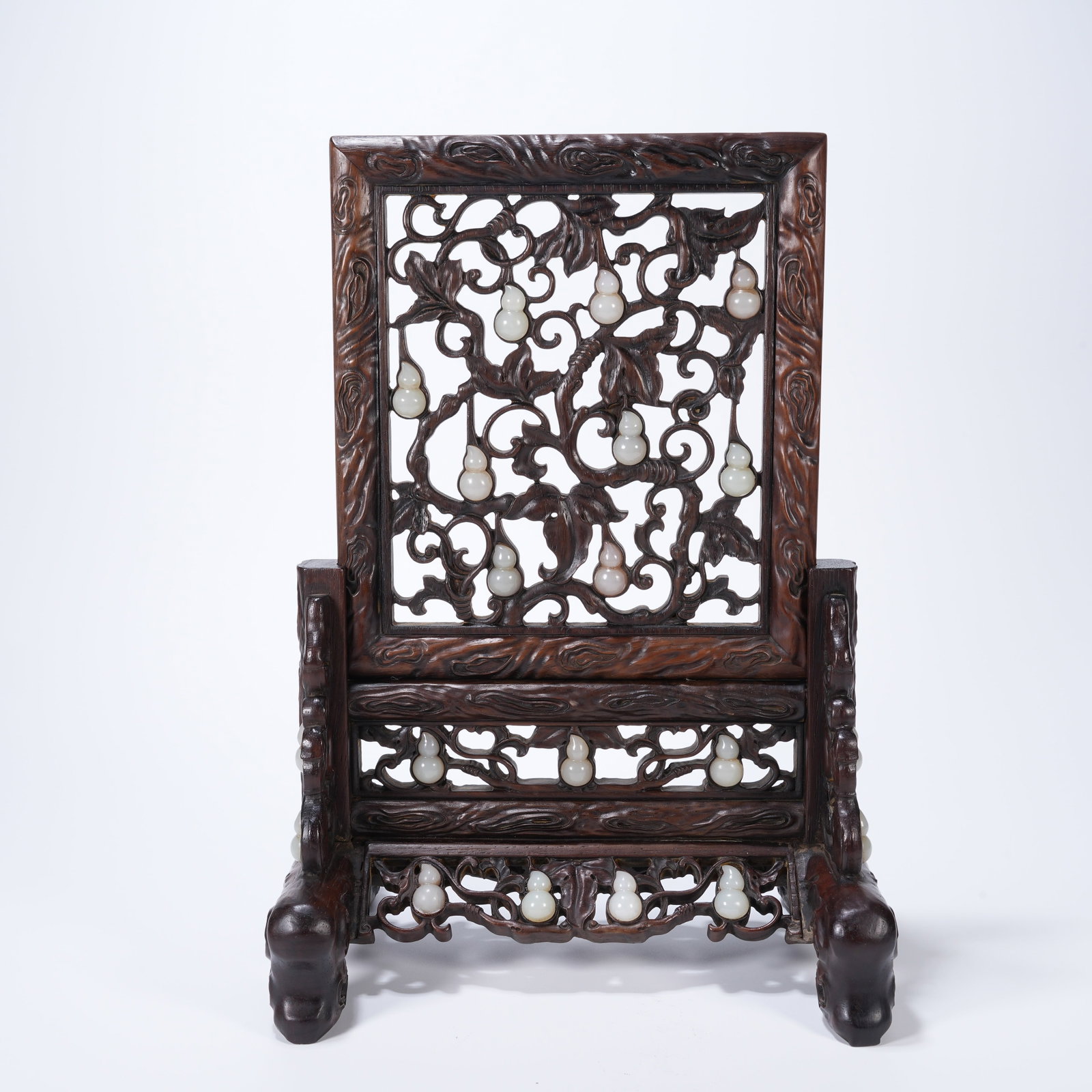 A HUANGHUALI TABLE SCREEN INLAID WITH HETIAN JADE DEPICTING FORTUNE, EMOLUMENT AND EVERLASTING (1 of 9)