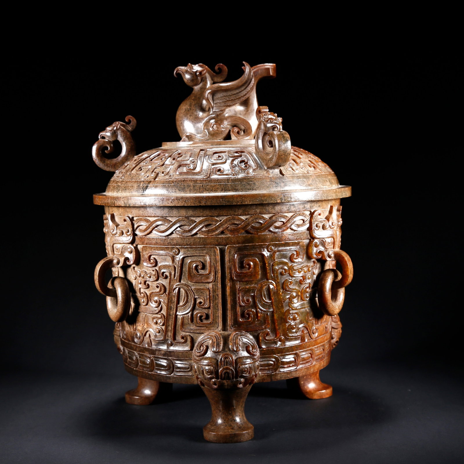 A ARCHAIC JADE THREE-LEGGED LIDDED CENSER CARVED WITH BEAST MASK PATTERN (1 of 10)