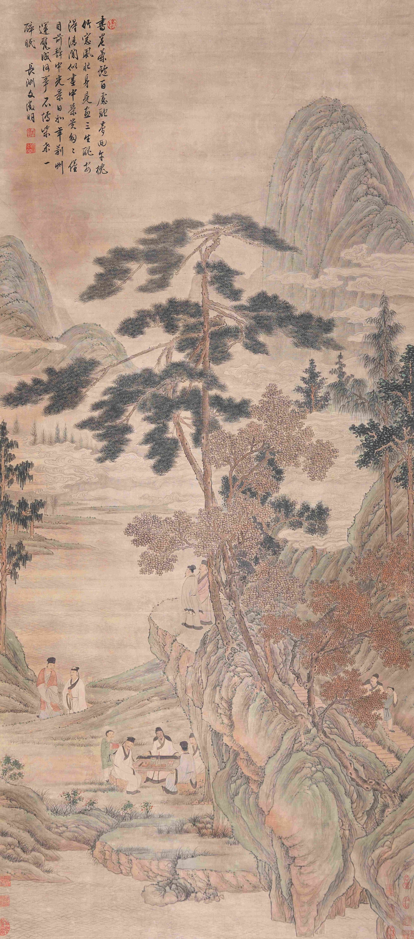 A LANDSCAPE AND FIGURE PAINTING ON SILK BY WEN ZHENGMING.文征明: Landscape and Figure Painting on Silk by Wen Zhengming.文征明