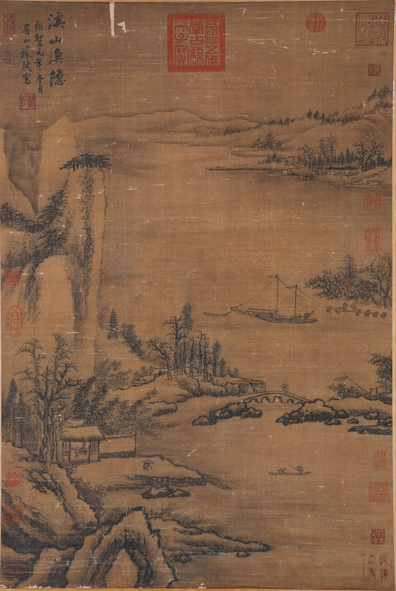 A FISHER-HERMIT BY STREAM MOUNTAINS PAINTING ON SILK BY SU SHI.蘇軾 (1 of 9)