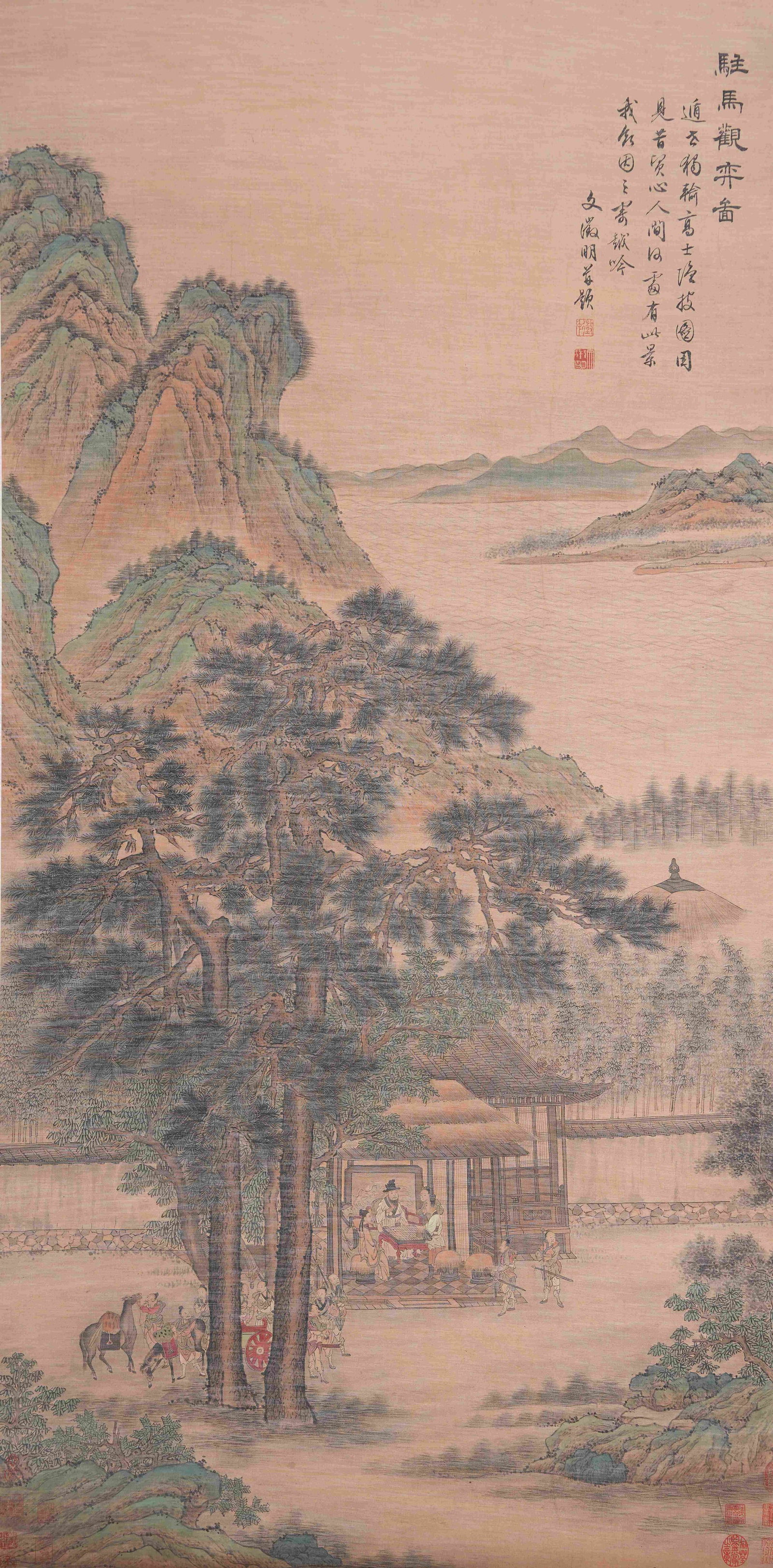 A WATCHING GO GAME BESIDE HORSES PAINTING ON SILK BY WEN ZHENGMING.文征明 (1 of 9)