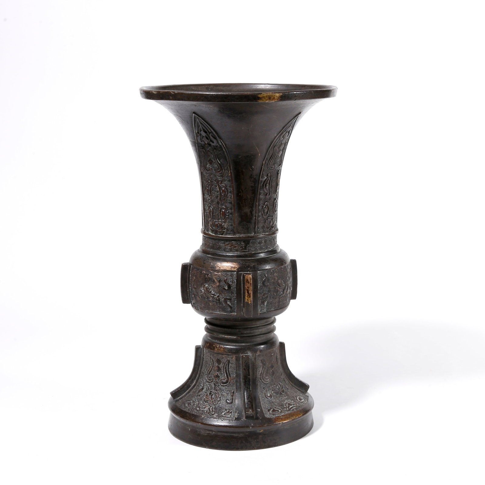 A BRONZE GU FLOWER VASE: Bronze Gu Flower Vase