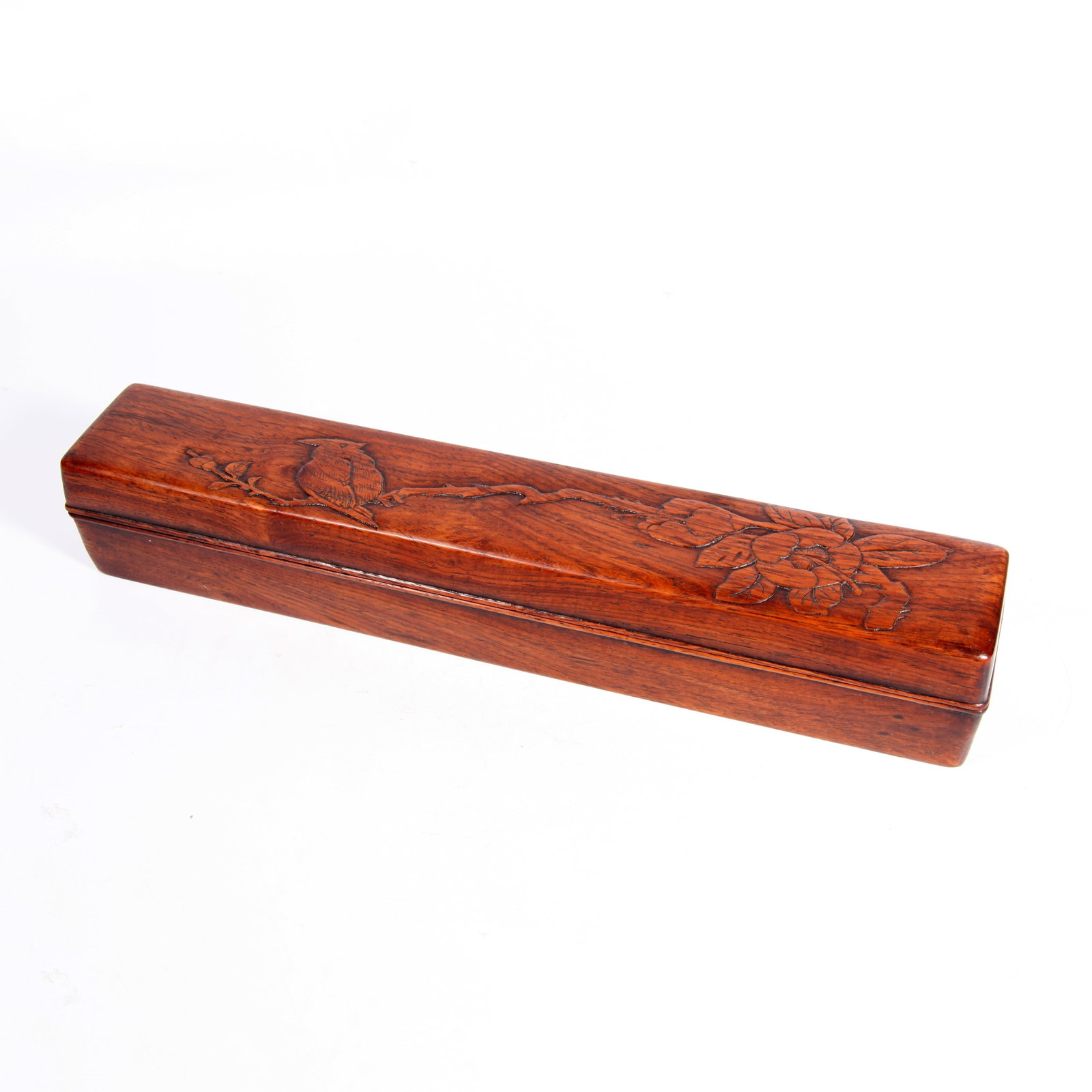 A HUANGHUALI WOOD COVERED BOX CARVED WITH FLOWER-AND-BIRD PATTERN: Huanghuali wood covered box carved with flower-and-bird pattern