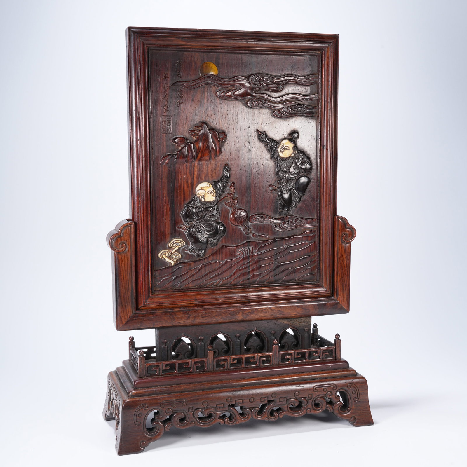 A HUANGHUALI TABLE SCREEN WITH PRECIOUS-STONE INLAY DEPICTING OFFICIAL PROMOTION AND RAPID: Huanghuali table screen with precious-stone inlay depicting official promotion and rapid advancement