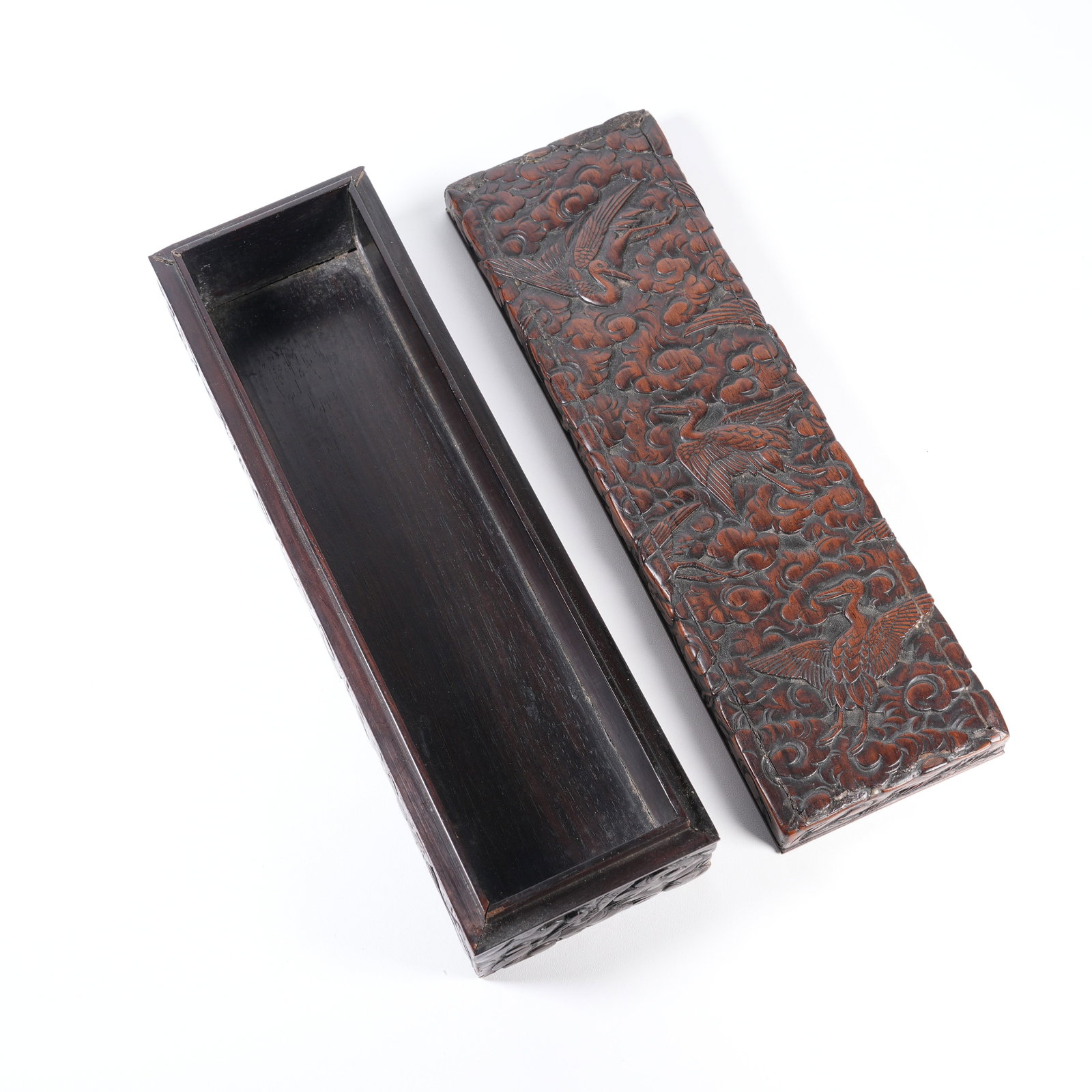 A REDWOOD STATIONERY BOX WITH AUSPICIOUS-CLOUD AND CRANE PATTERN (1 of 8)