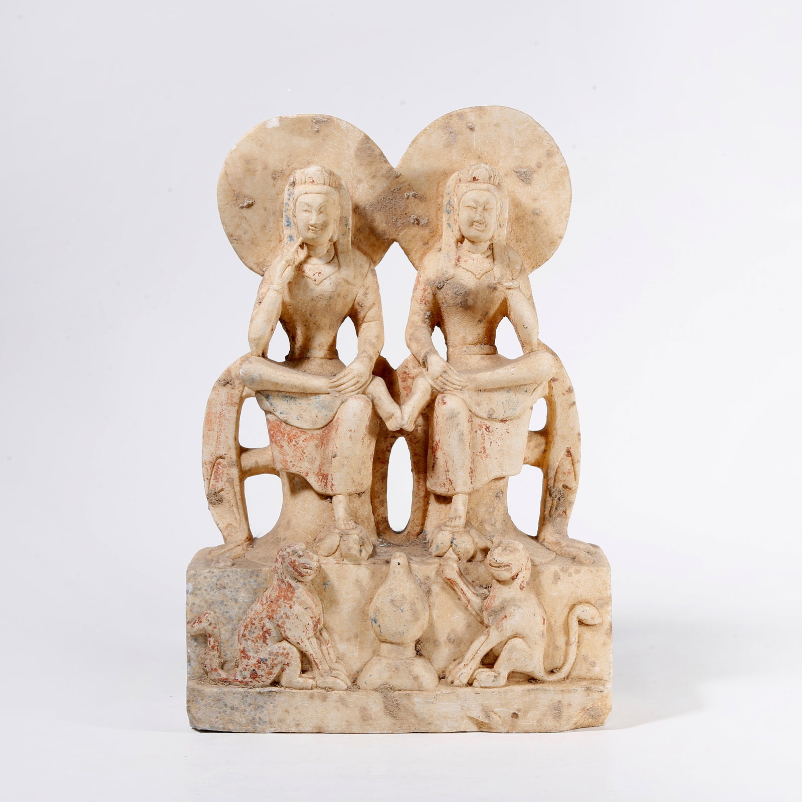 A WHITE MARBLE CARVED STATUE OF CONTEMPLATIVE BODHISATTVA (1 of 9)