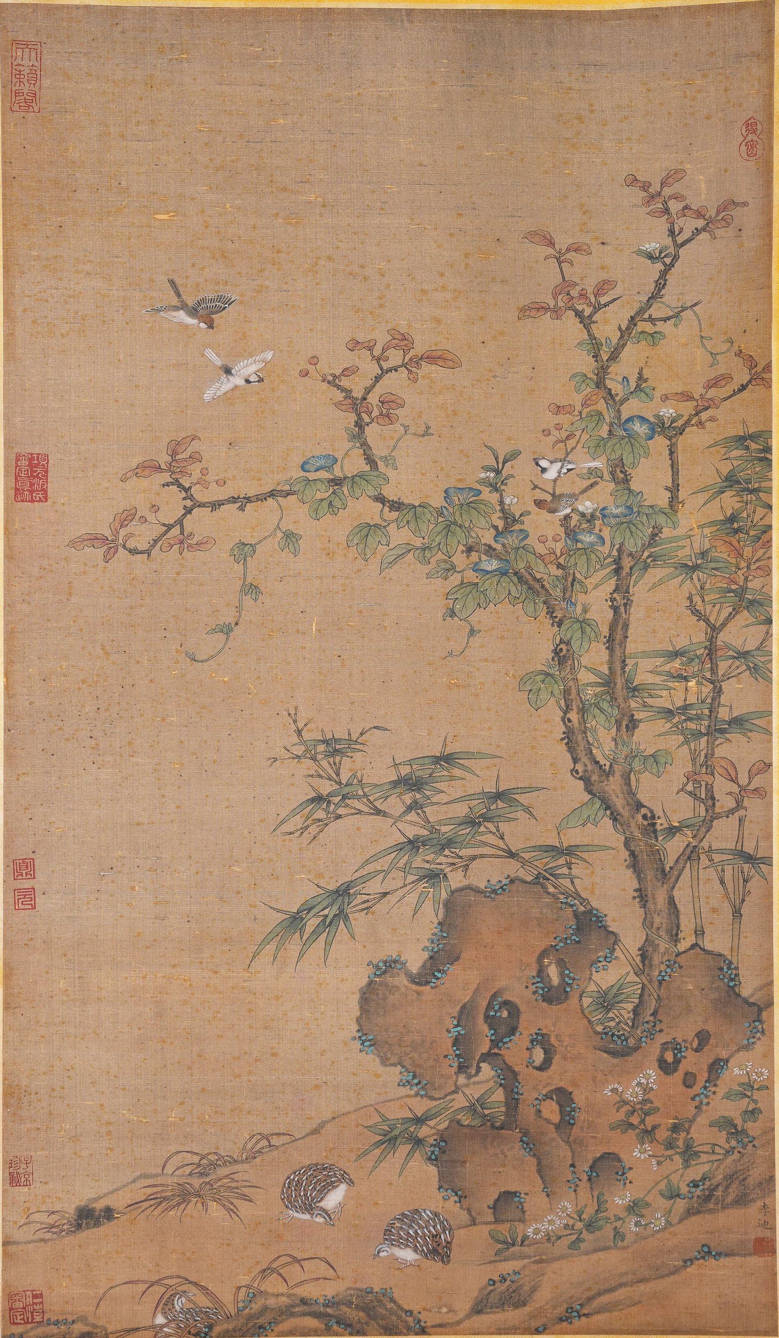 A FLOWER-AND-BIRD PAINTING ON SILK BY LI DI.李迪: Flower-and-bird painting on silk by Li Di.李迪