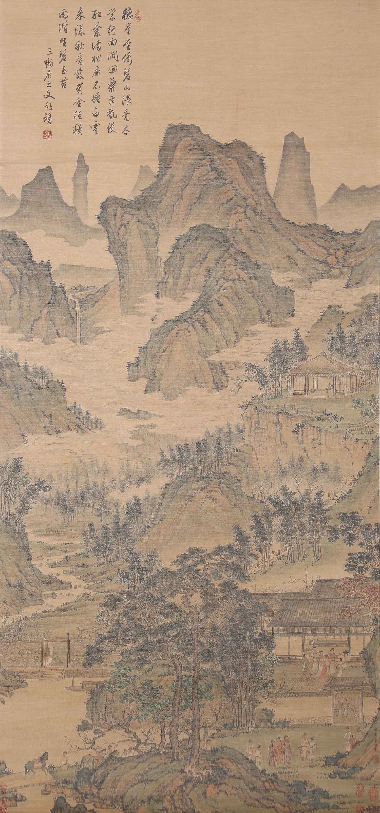 A LANDSCAPE PAINTING ON SILK BY QIU YING.仇英: Landscape Painting on Silk by Qiu Ying.仇英