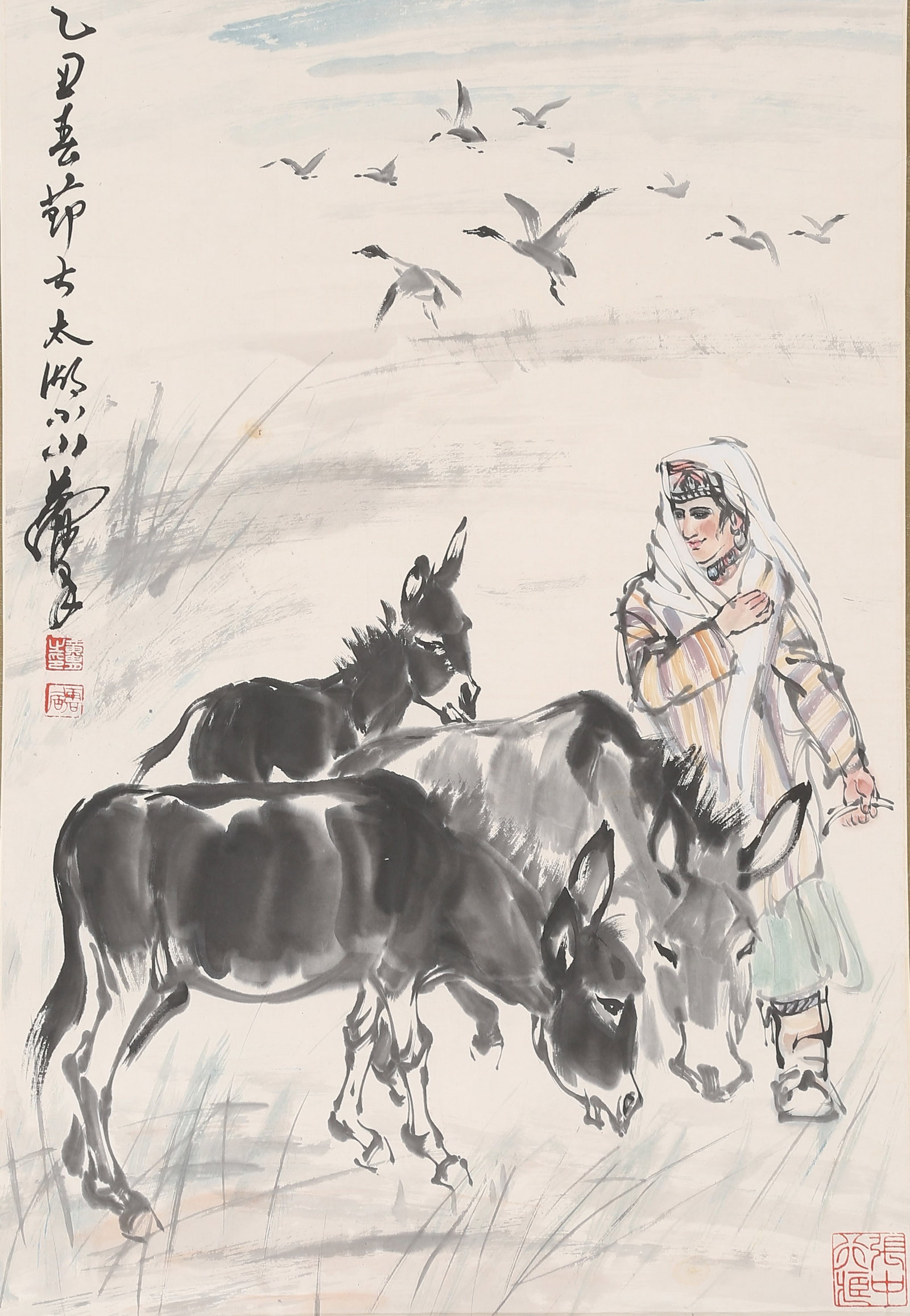 A FIGURE PAINTING ON PAPER BY HUANG ZHOU.黃胄: Figure Painting on Paper by Huang Zhou.黃胄