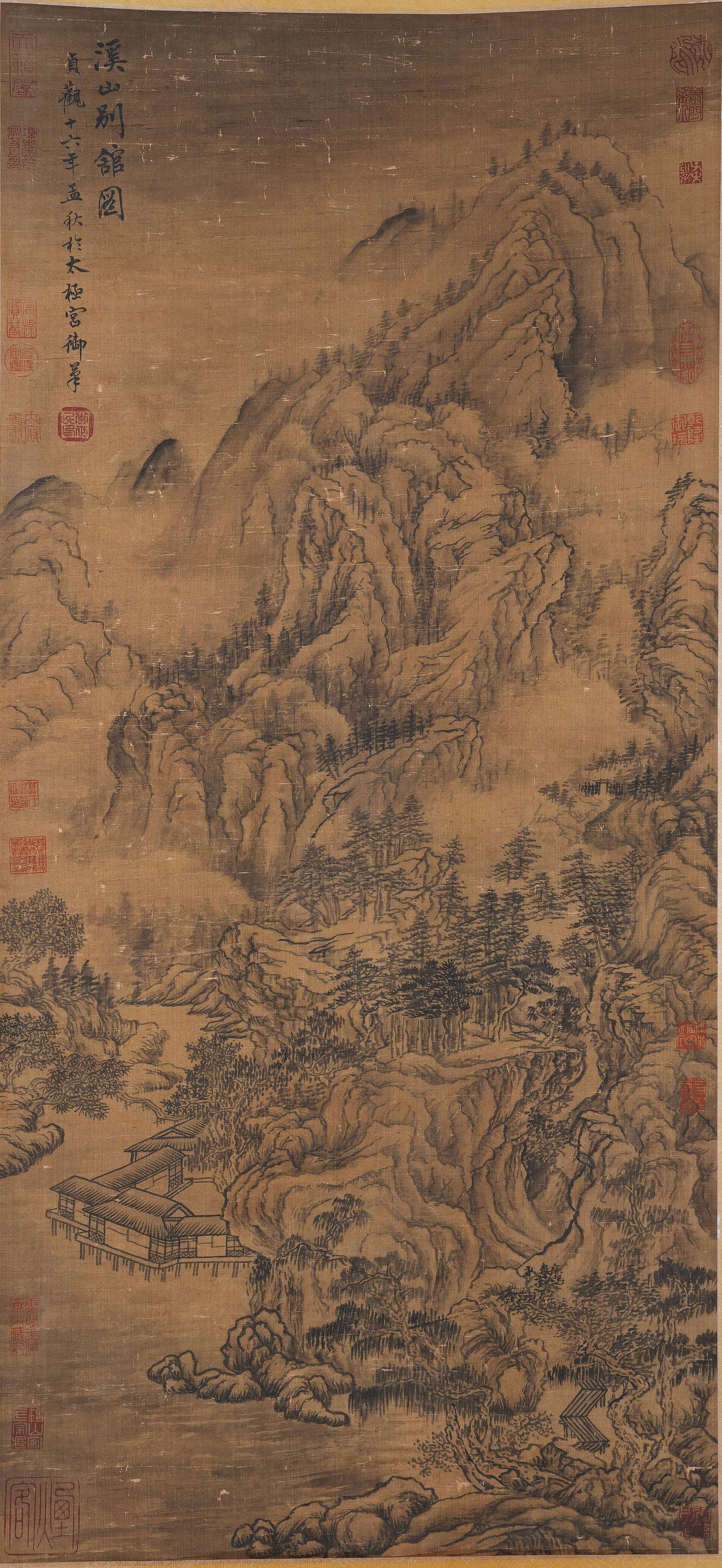 A MOUNTAIN VILLA BY MOUNTAIN STREAM PAINTING ON SILK BY LI SHIMIN.李世民: Mountain Villa by mountain stream painting on silk by Li Shimin.李世民