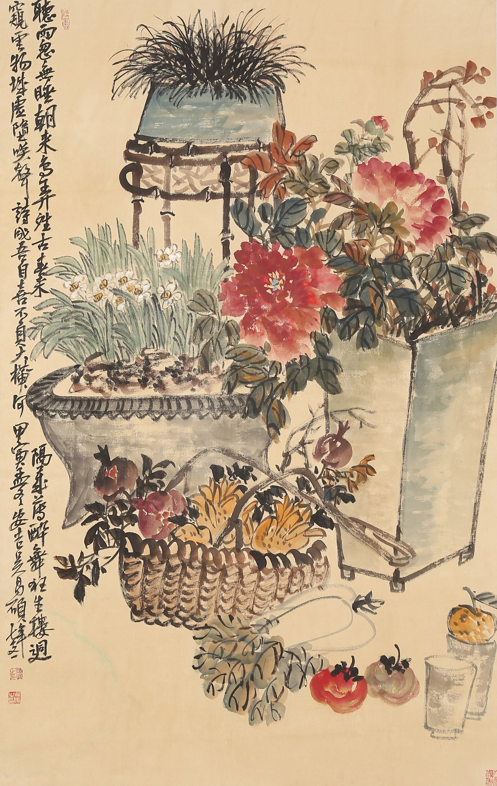 A SCHOLAR'S OFFERINGS PAINTING ON SILK BY WU CHANGSHUO.吳昌碩: Scholar's Offerings Painting on Silk by Wu Changshuo.吳昌碩