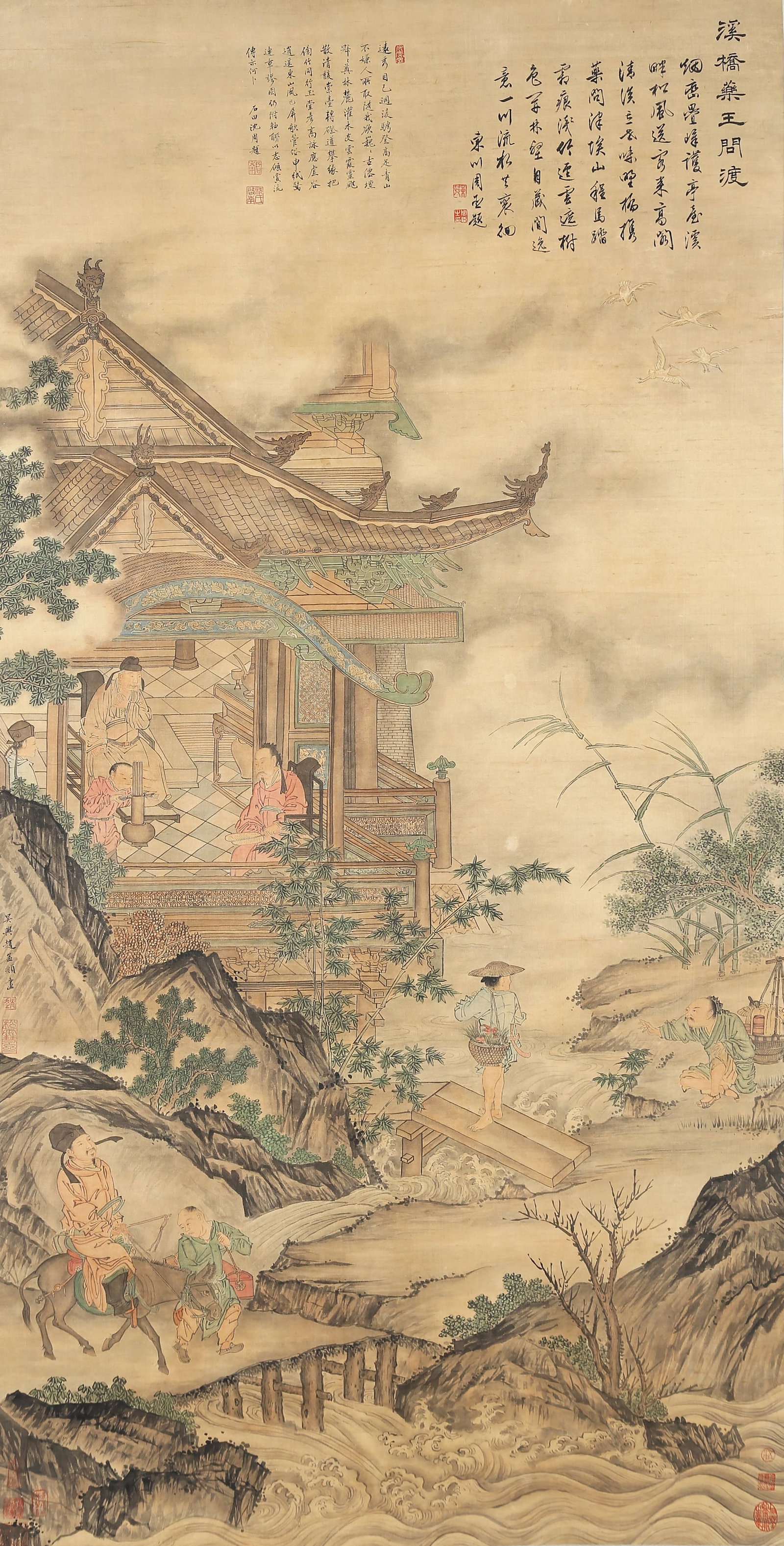 A MEDICINE GOD ASKING FOR FERRY BY STREAM BRIDGE PAINTING ON SILK BY ZHAO MENGFU.趙孟: Medicine God Asking for Ferry by Stream Bridge Painting on Silk by Zhao Mengfu.趙孟頫