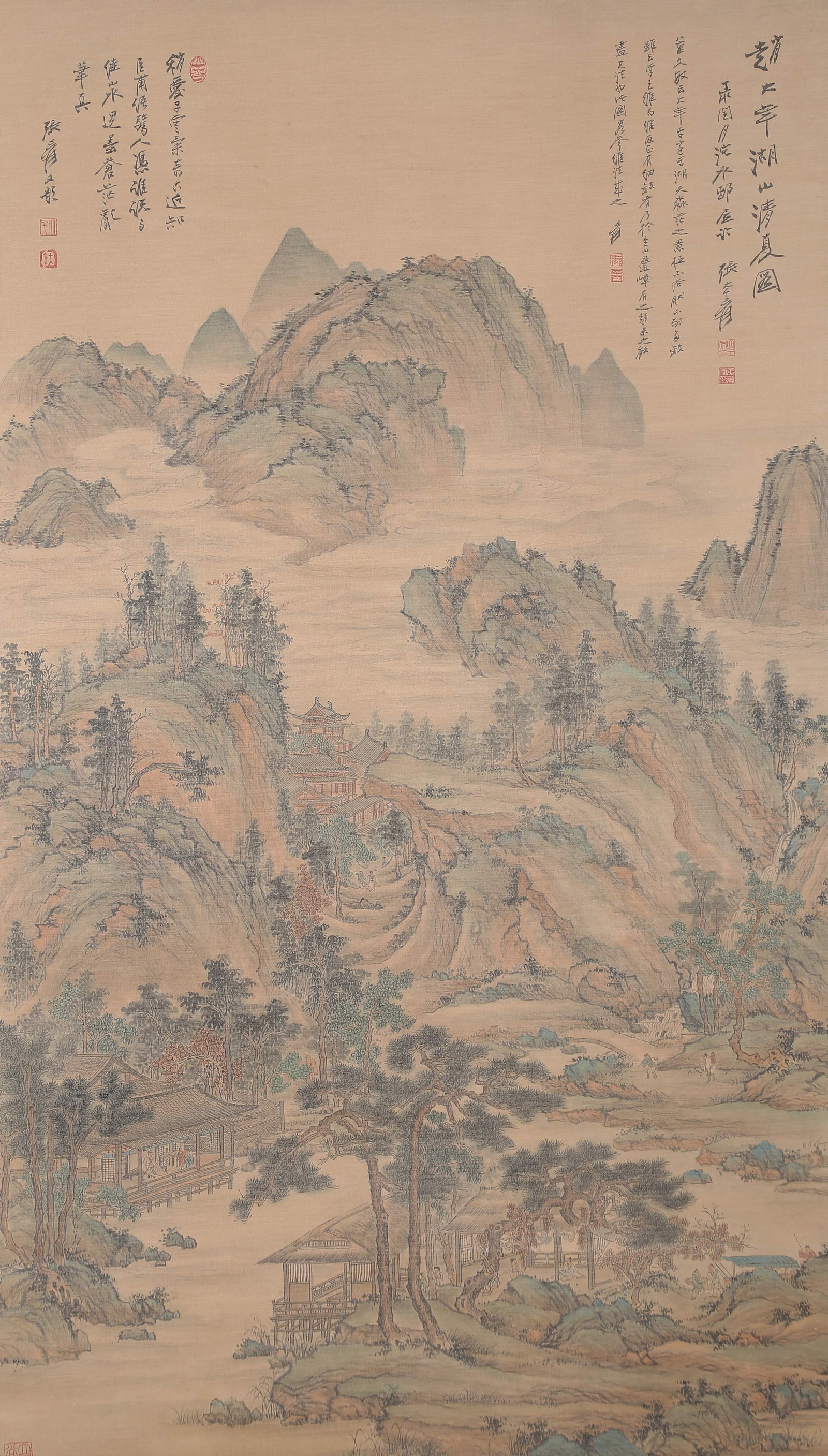 A SUMMER SERENITY AMONG LAKES AND MOUNTAINS PAINTING ON SILK BY ZHANG DAQIAN.張大千: Summer Serenity among Lakes and Mountains Painting on Silk by Zhang Daqian.張大千