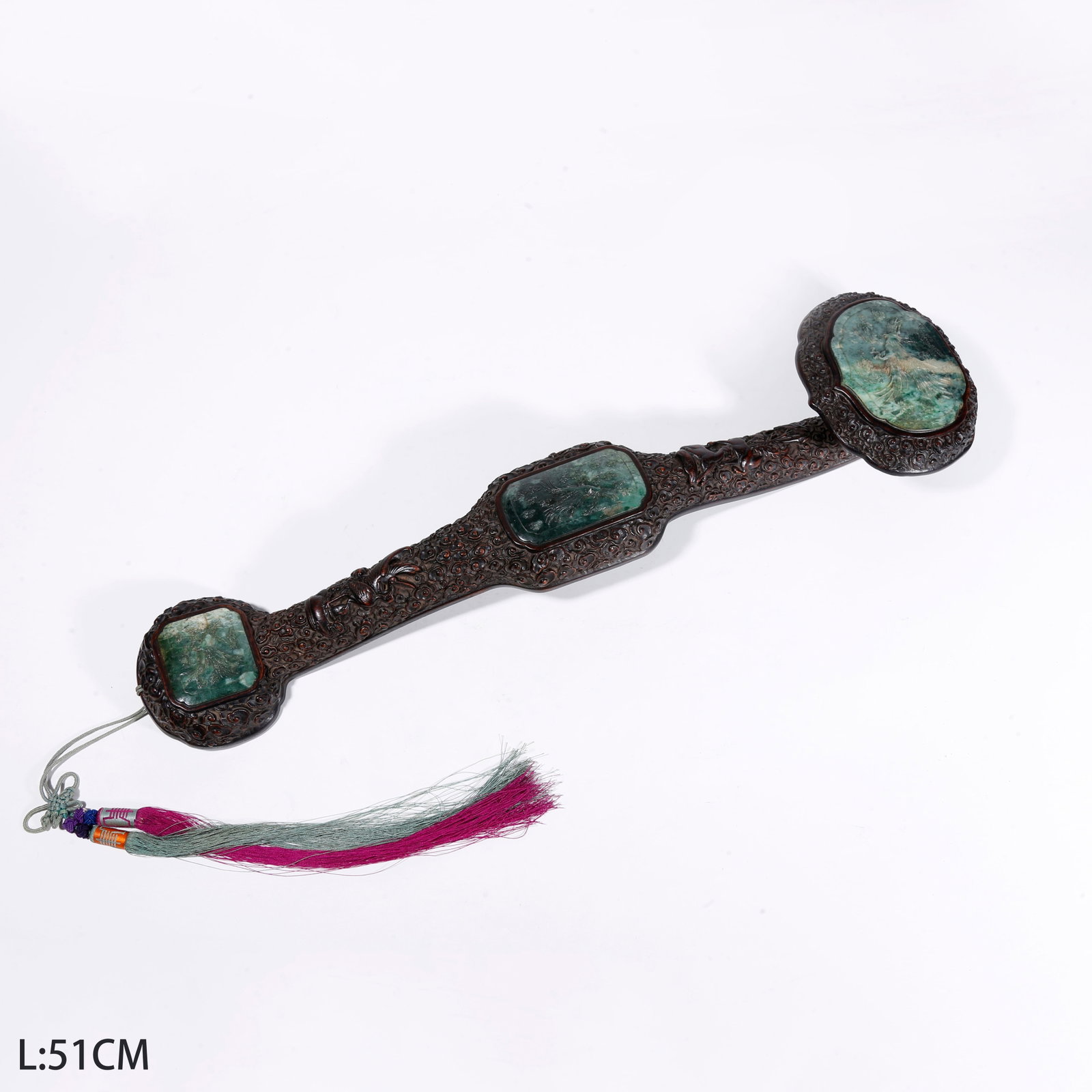 A ZITAN WOOD RUYI INLAID WITH JADEITE CARVED PHOENIX PATTERNS (1 of 9)