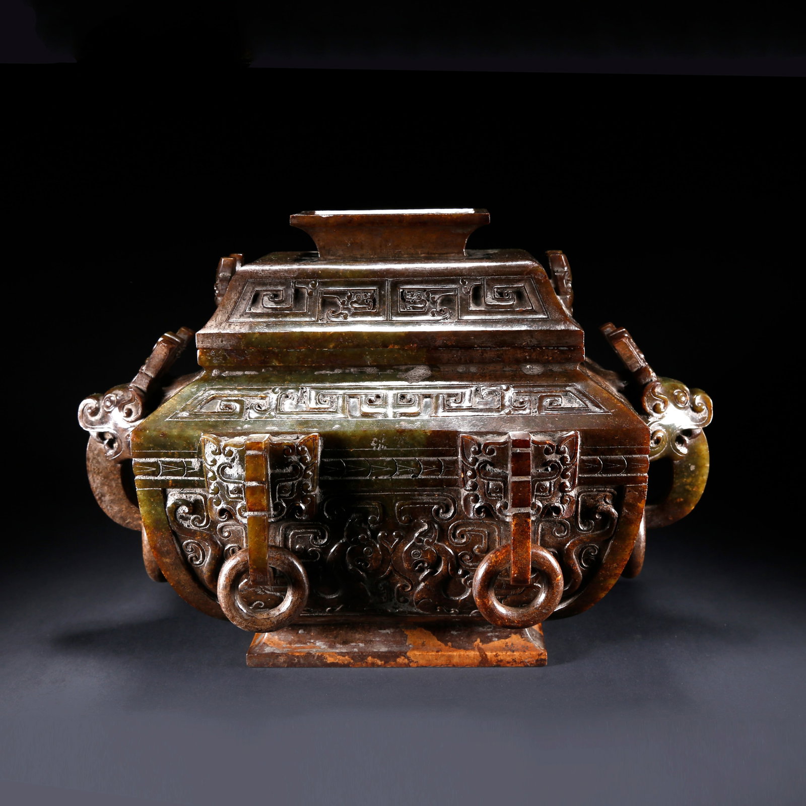 A ARCHAIC JADE ZUN VESSEL CARVED WITH BEAST MASK PATTERN: Archaic Jade Zun Vessel Carved with Beast Mask Pattern