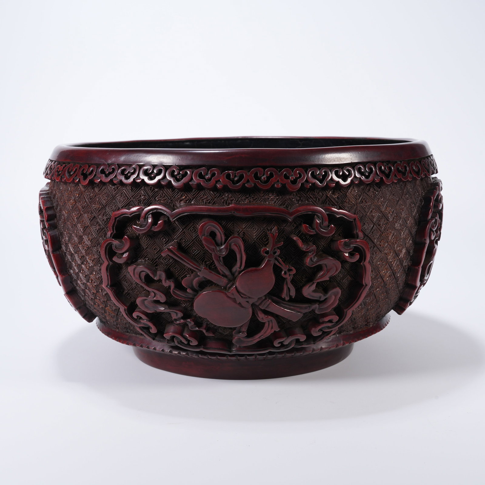 A CARVED RED LACQUER ALMS-BOWL-FORM WASHER WITH HIDDEN EIGHT IMMORTALS MOTIFS (1 of 9)